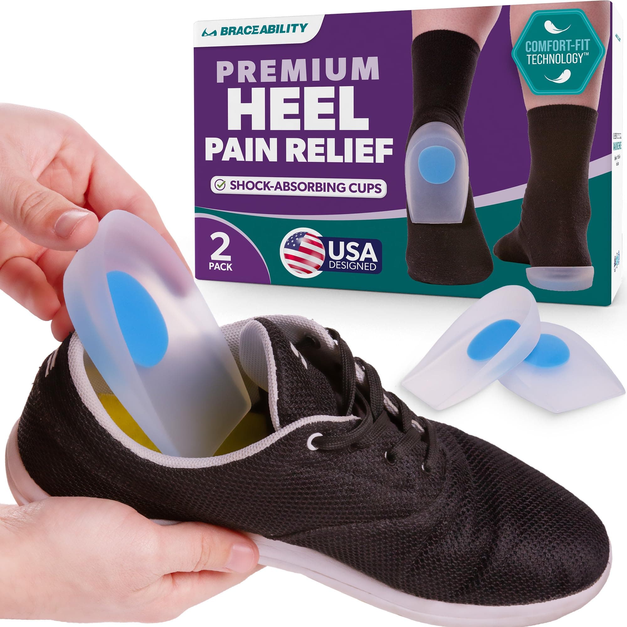 BraceAbility Heel Spur Cushion Insert Cups for Pain Relief (Pair)-M