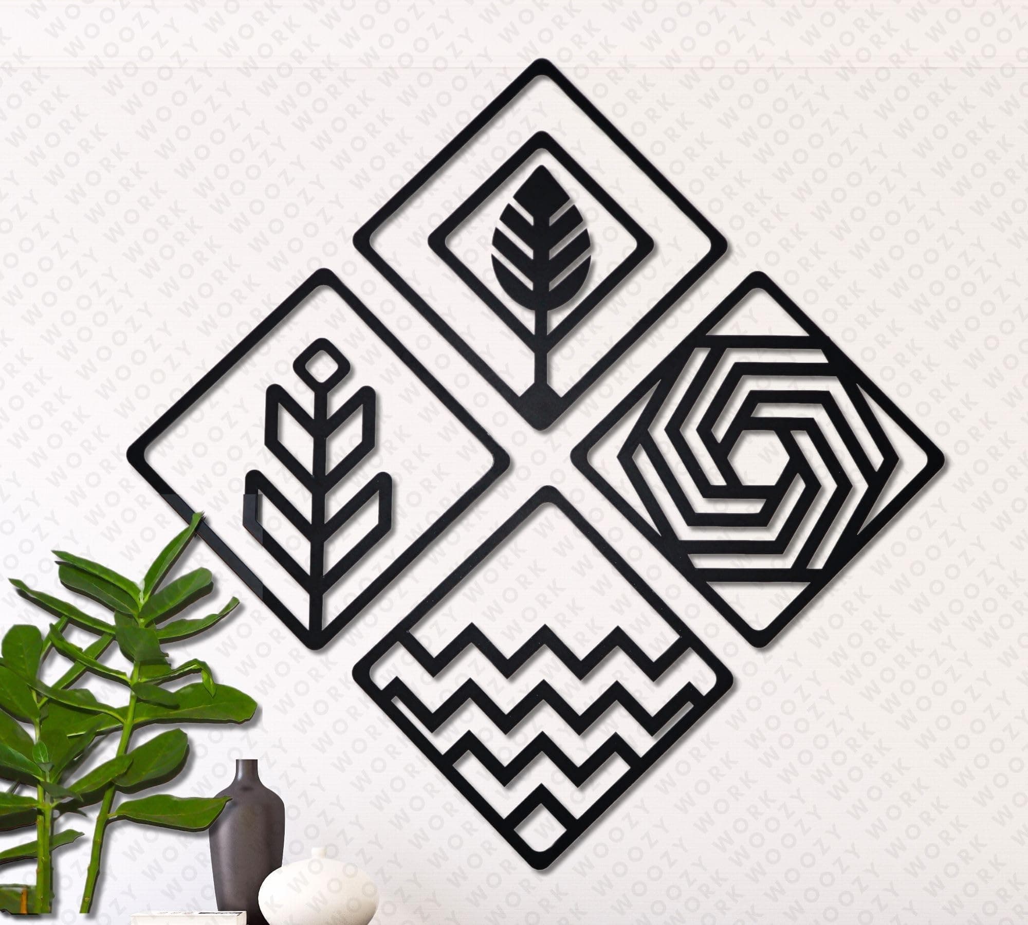 woozy work Wall Art for Home Decor Wooden Frames Set of 4 Gift Pack Home Decoration Items Wall Decor for Home Office Living Room Bedroom Wall Art Hanging 4 Square Elements