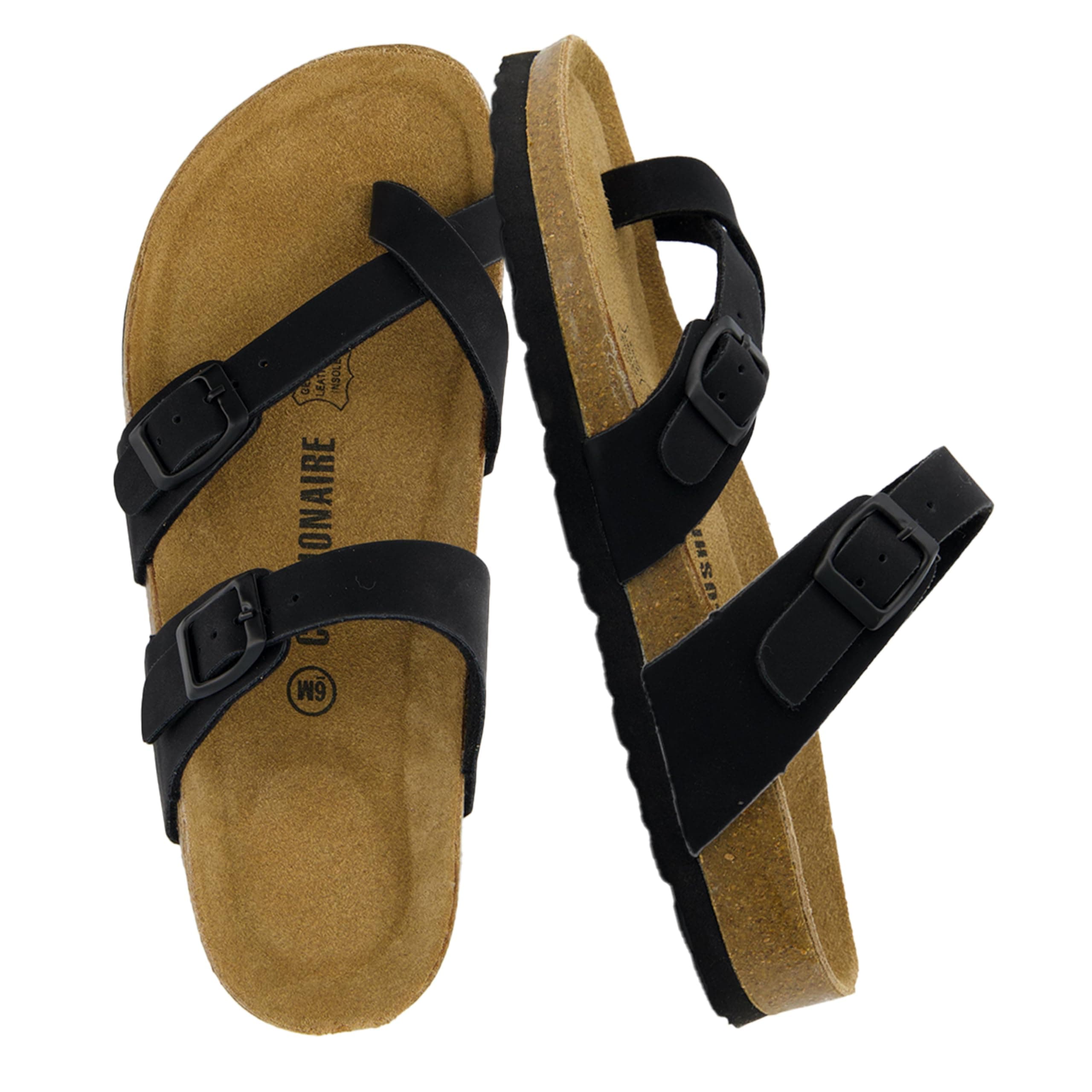 CUSHIONAIRE Luna Sandals for Women, Cork Footbed Womens Sandals for Summer Comfort with Adjustable Straps, Wide Width Available, Black Vegan Suede, 7
