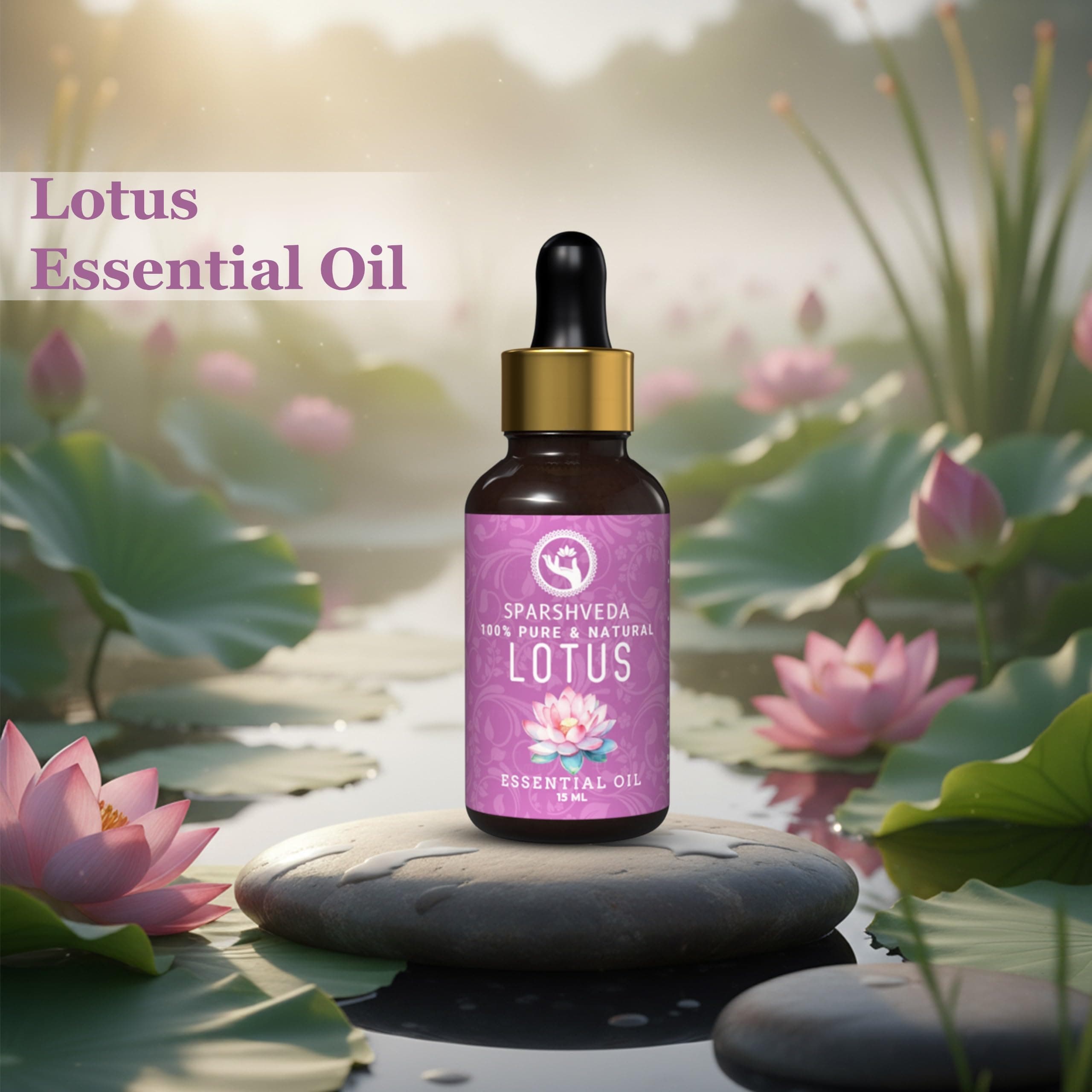 Sparshveda Pink Lotus Essential Oil 15ml – 100% Pure & Natural Pink Lotus Aroma Oil for Diffuser, Pooja, Face, Skin & Hair Calming Floral Oil for Meditation, Glow