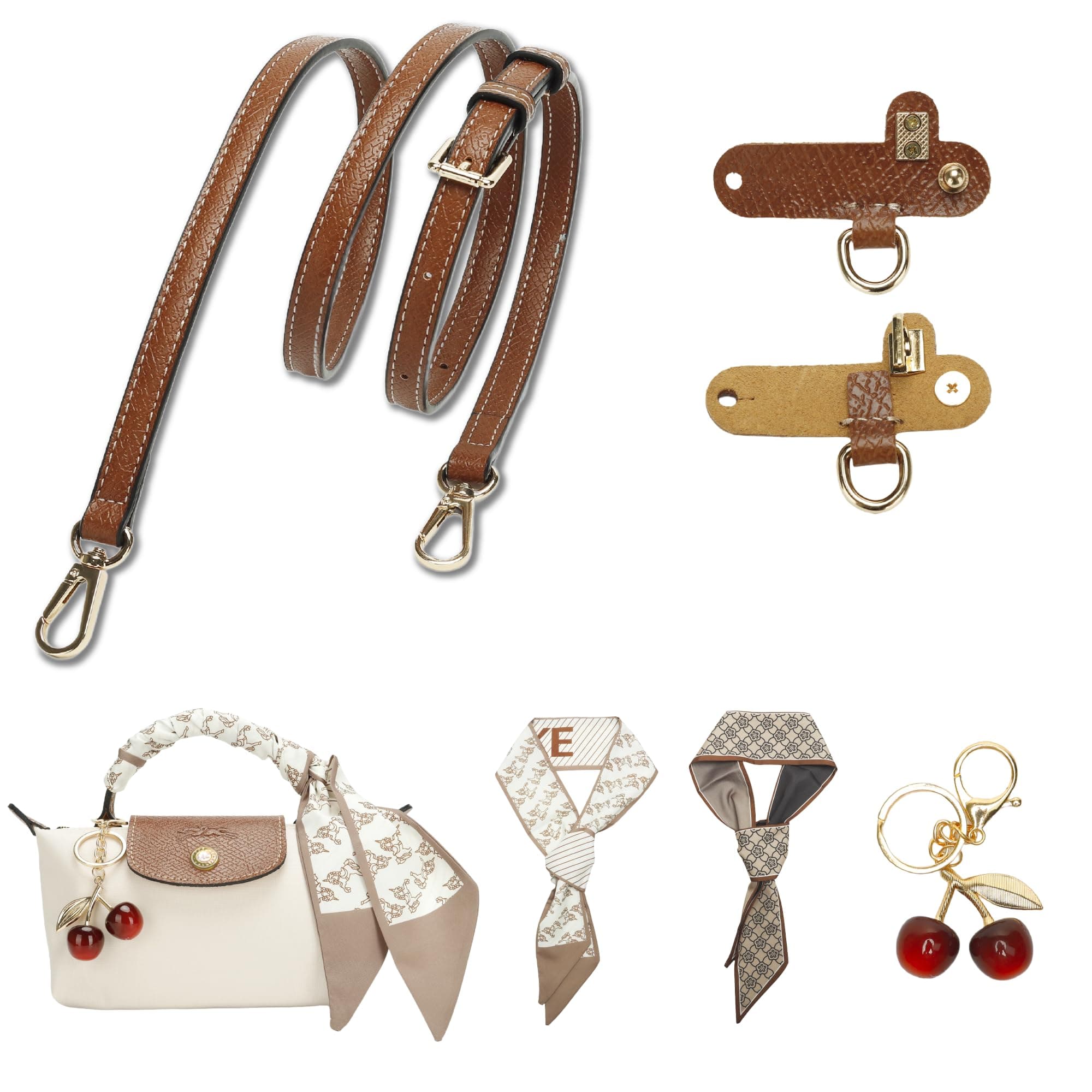 Leather Crossbody Strap Replacement with Cherry Bag Charm and 2 Purse Scarves - Adjustable Shoulder Strap Kit for Longchamp Mini Bag