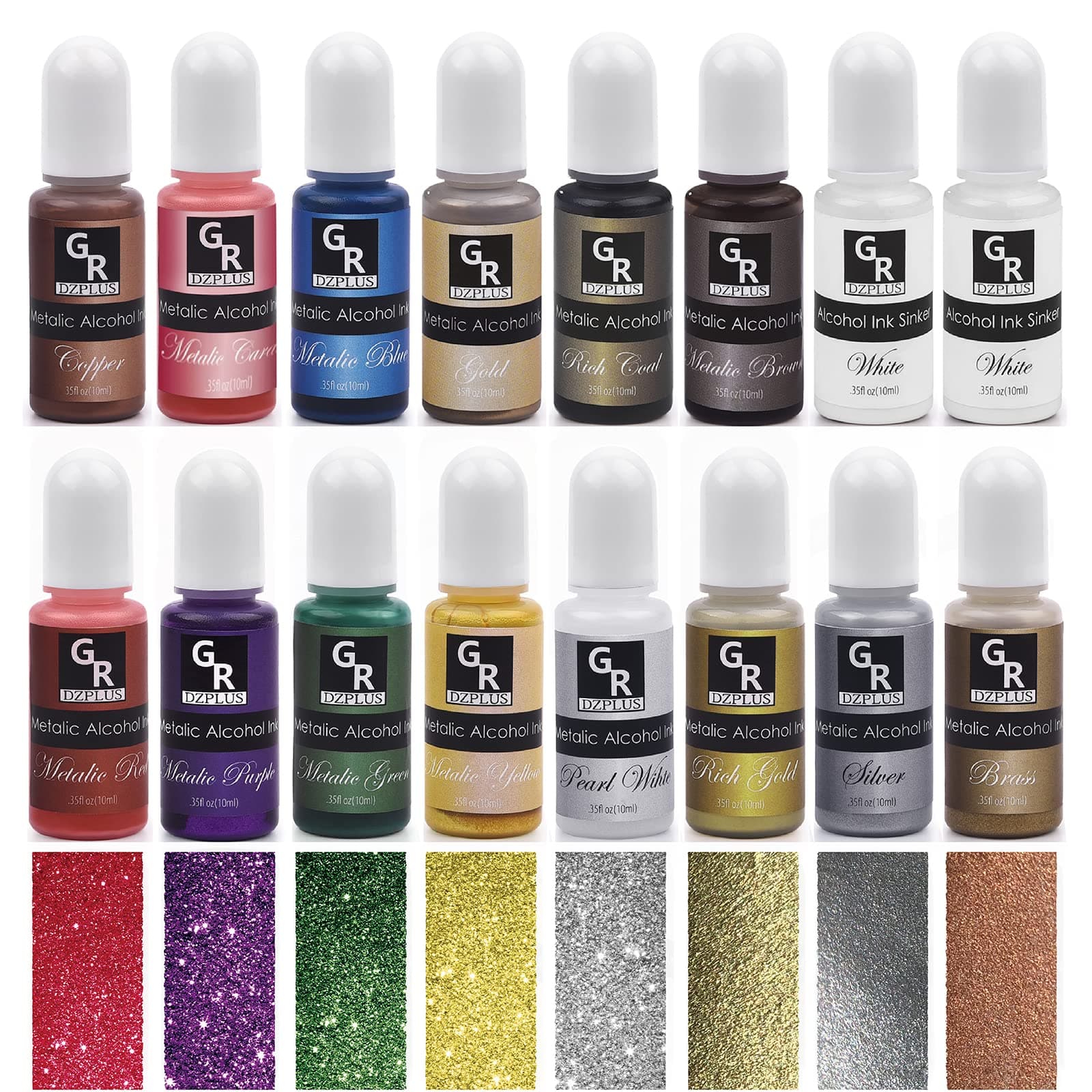 GR Metallic Alcohol Ink Set, 16 Metallic Colors Alcohol Based Ink for Resin Art, Liquid Art, Resin Craft, Resin Petri Dish, Alcohol Ink Dye for Yupo, Tumbler