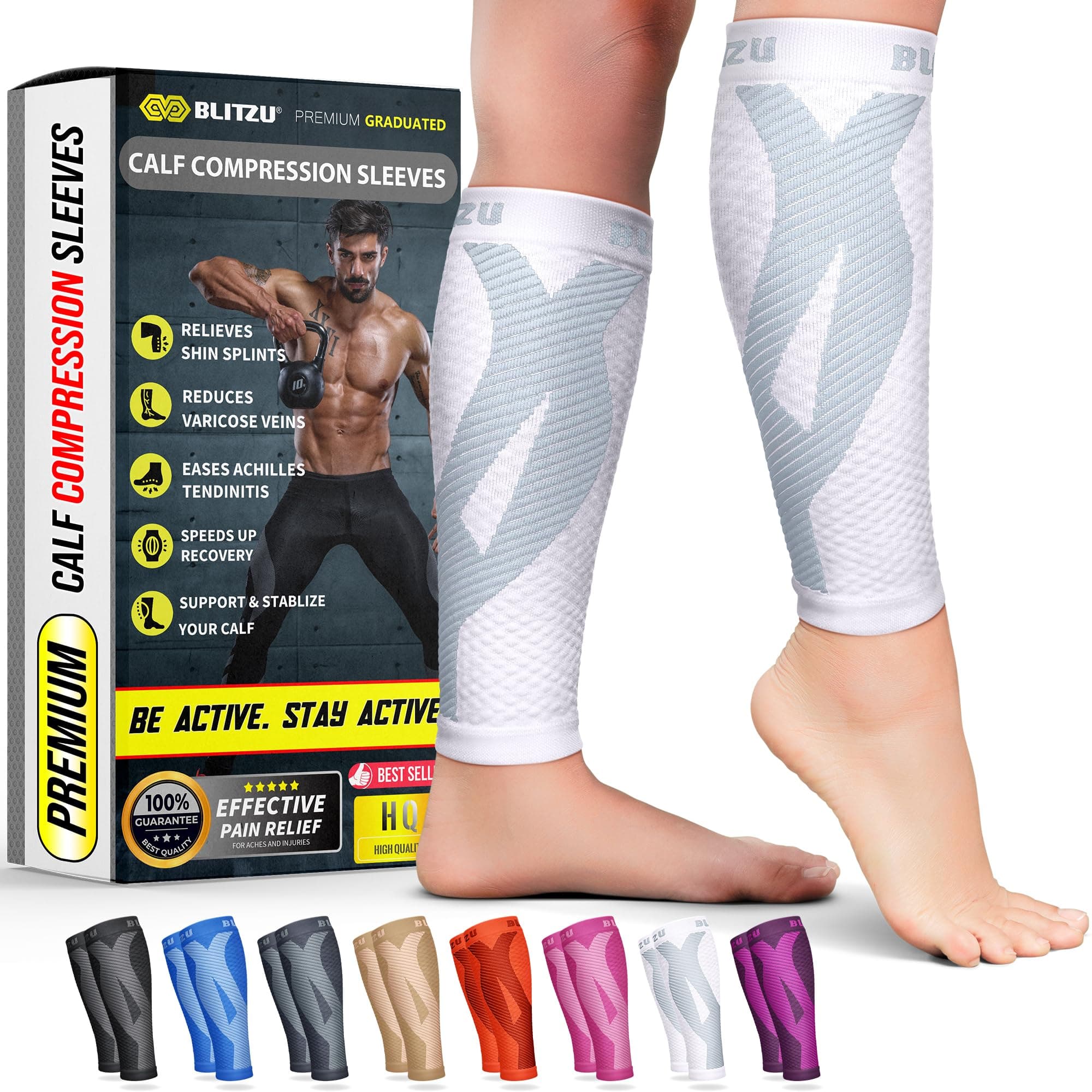 Blitzu Men and Women's Calf Compression Sleeve Socks Leg Performance Support Runners Guards for Shin Splint, Calf Pain Relief, Running, Improves Circulation and Recovery (White L/XL) 1 Pair
