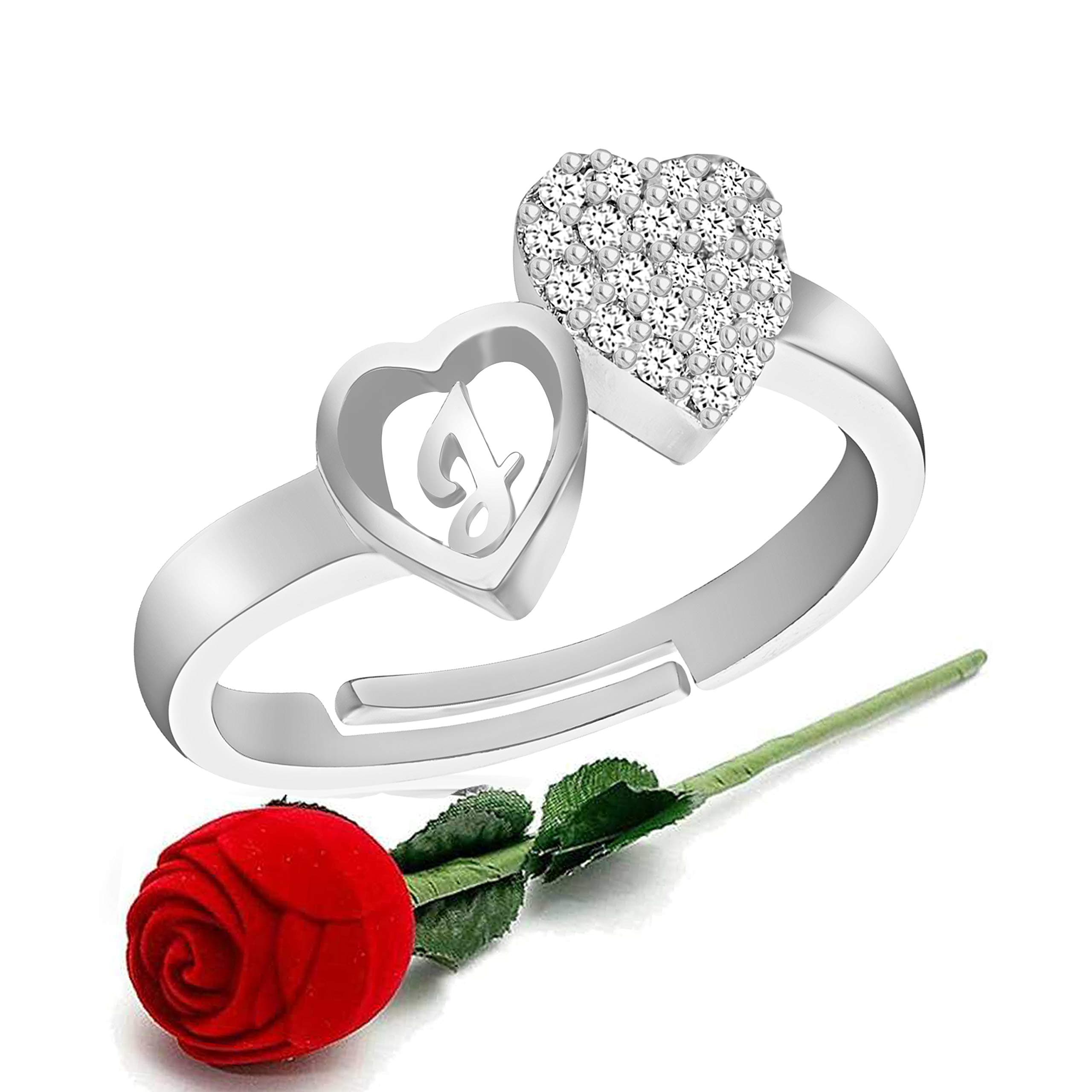 MEENAZ CZ Valentine American diamond Adjustable I Love You Heart Sillver Initial Letter Name Alphabet J Finger Rings for women girls girlfriend couples lovers Stylish Design Red RING ROSE BOX SET-M157