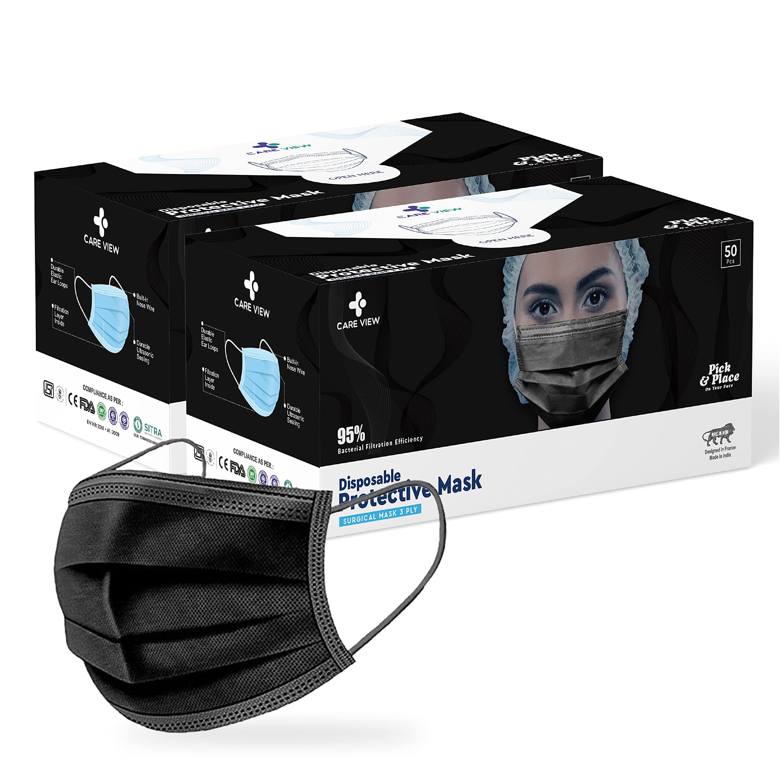 Careview N95 CV2920, SITRA Approved, 3 Ply Colored Disposable Surgical Mask With Built in Metal Nose Pin and 1 Melt Blown Layer (Pack of 50, Black) (CV2920-Coloured)