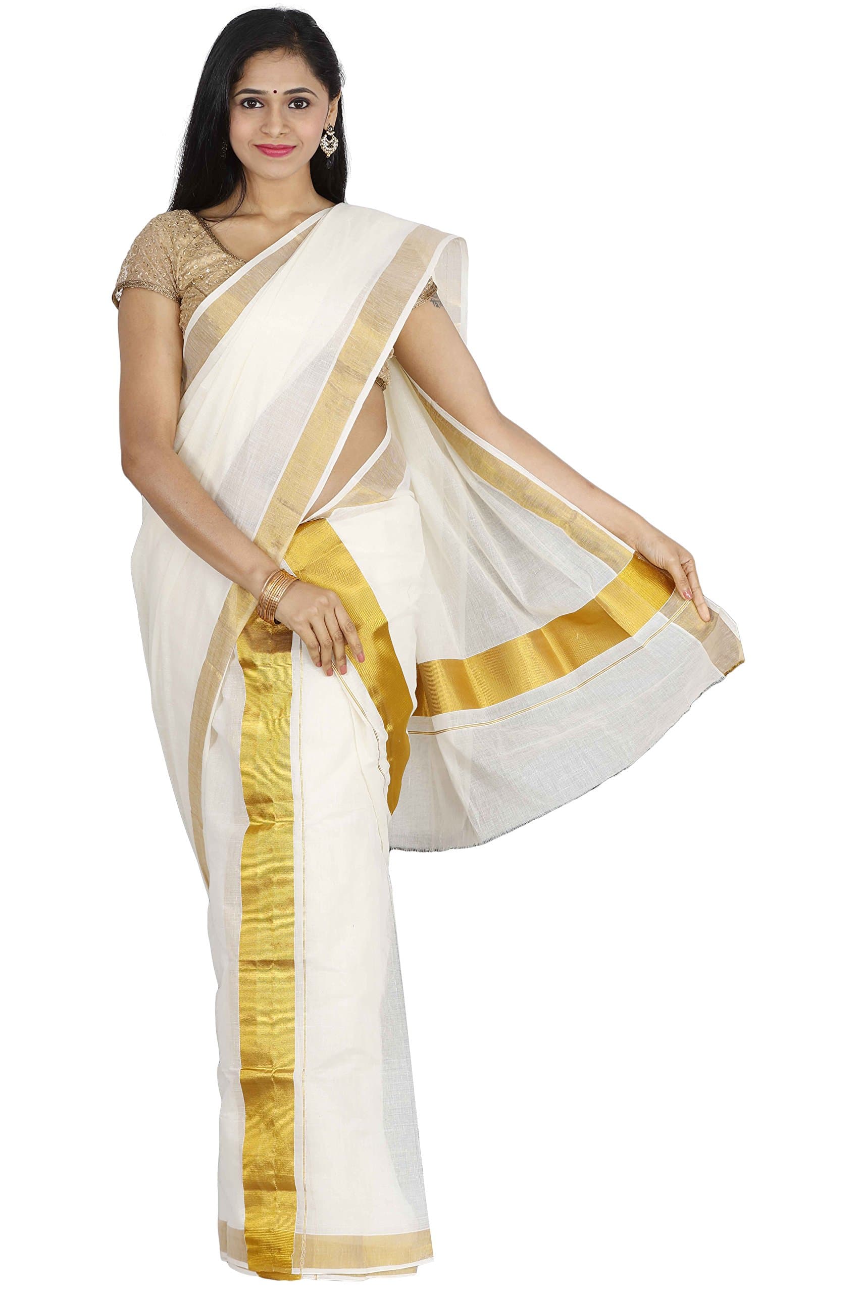 JISB Cotton Women's Kerala Kasavu Set Mundu Saree (Saksa1310; Cream)