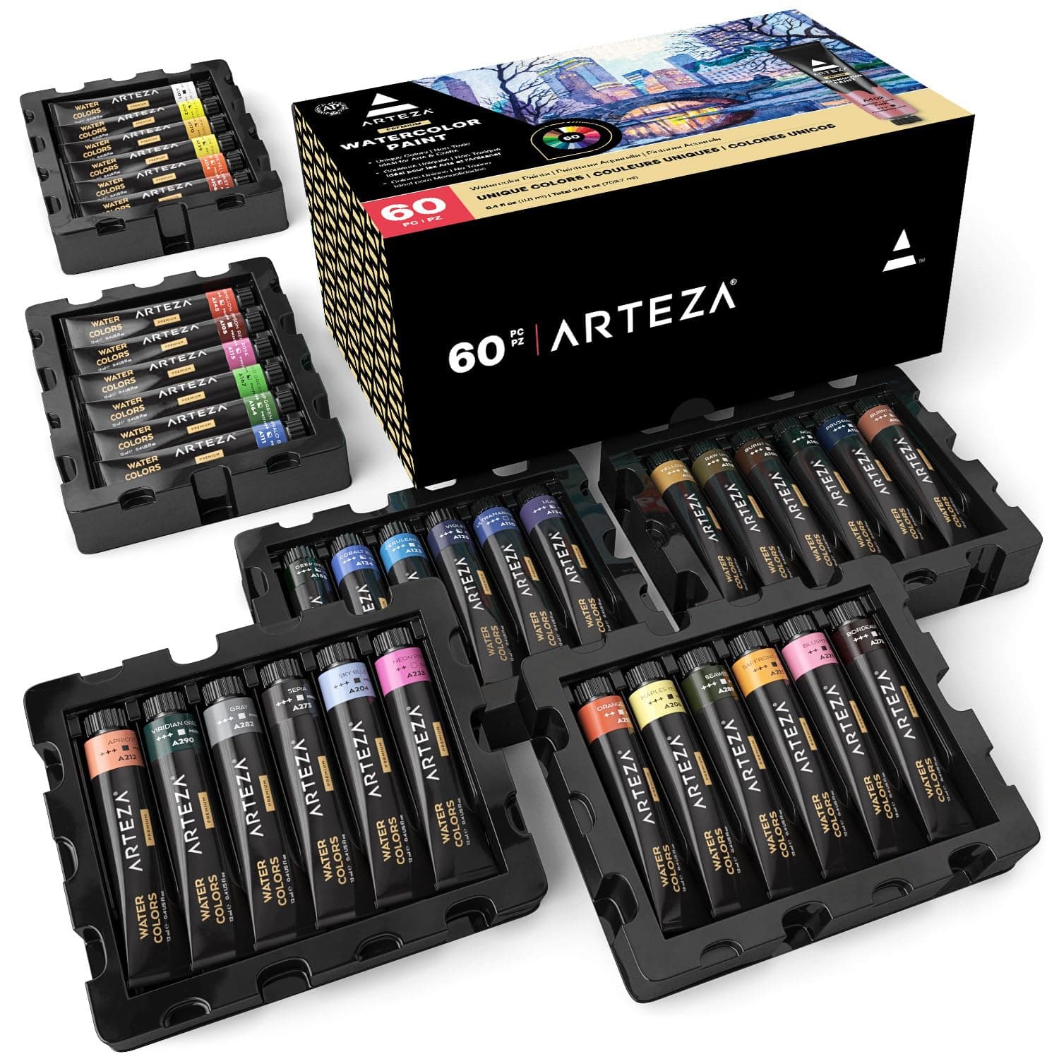 ARTEZA Watercolor Paint, Set of 60 Colors/Tubes (12 ml/0.4 US fl oz) with Storage Box, Rich Pigments, Vibrant, Non Toxic Paints for The Artist, Hobby Painters, Ideal for Watercolor Techniques