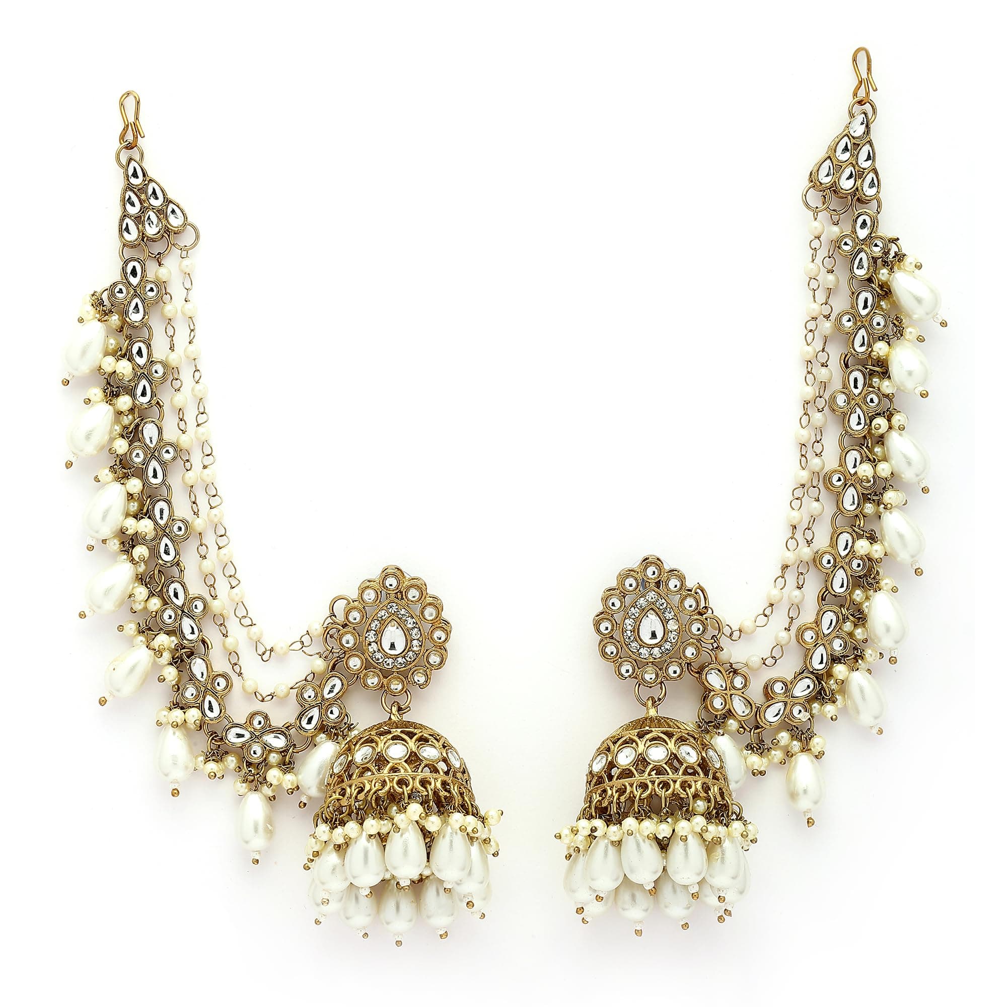 Zeneme Traditional Gold Plated White Kundan Pearl Beaded Jhumkas With Multi Layered Ear Chain Earrings for Women & Girls