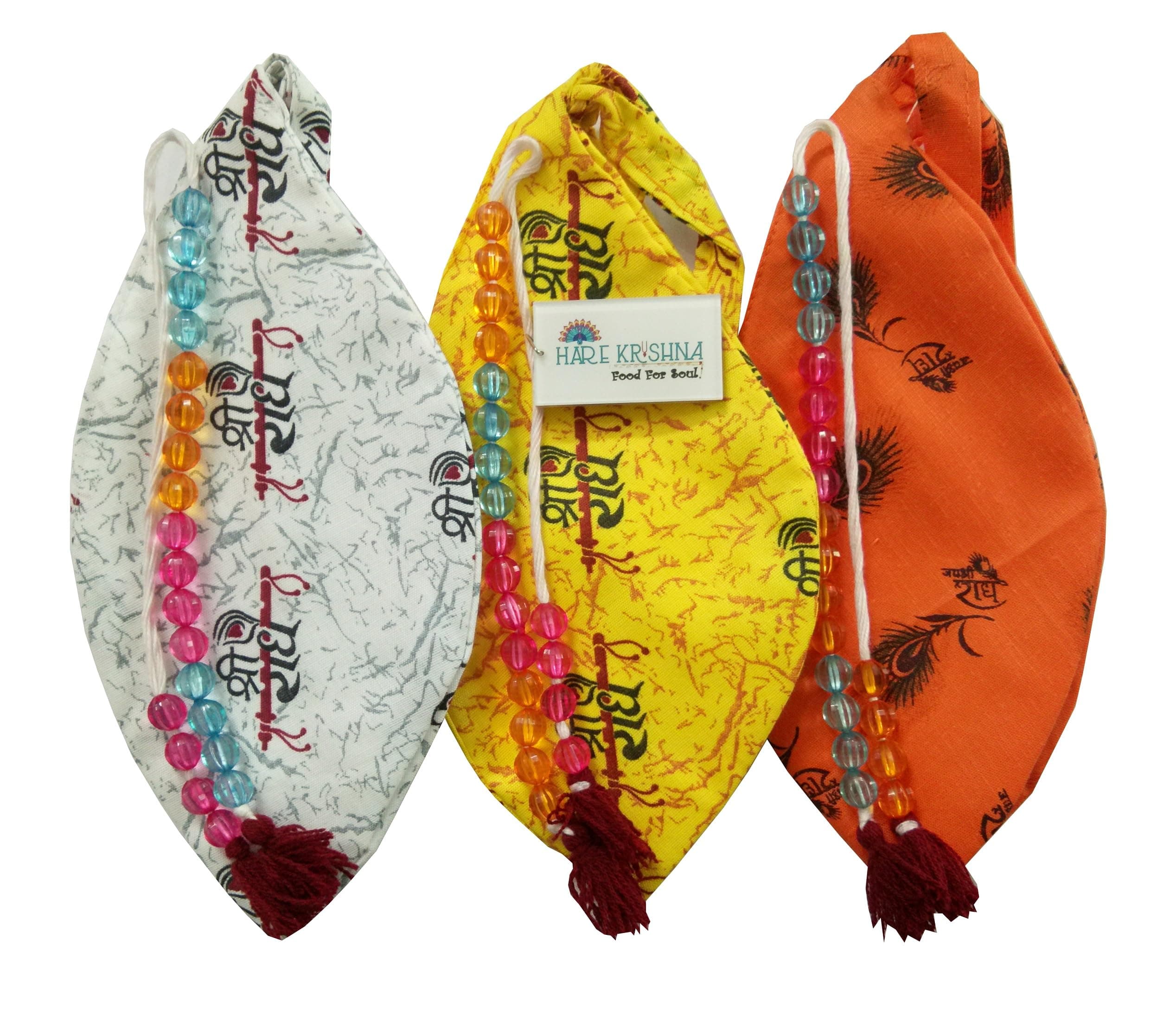 Hare Krishna Food For Soul Radhe Name Yellow, White, Red Jaap Mala Bag- Gomukhi Mala Bag-Chanting Bead Bag-Japa Bead Bag with Sakshi Mala (Combo of 3)