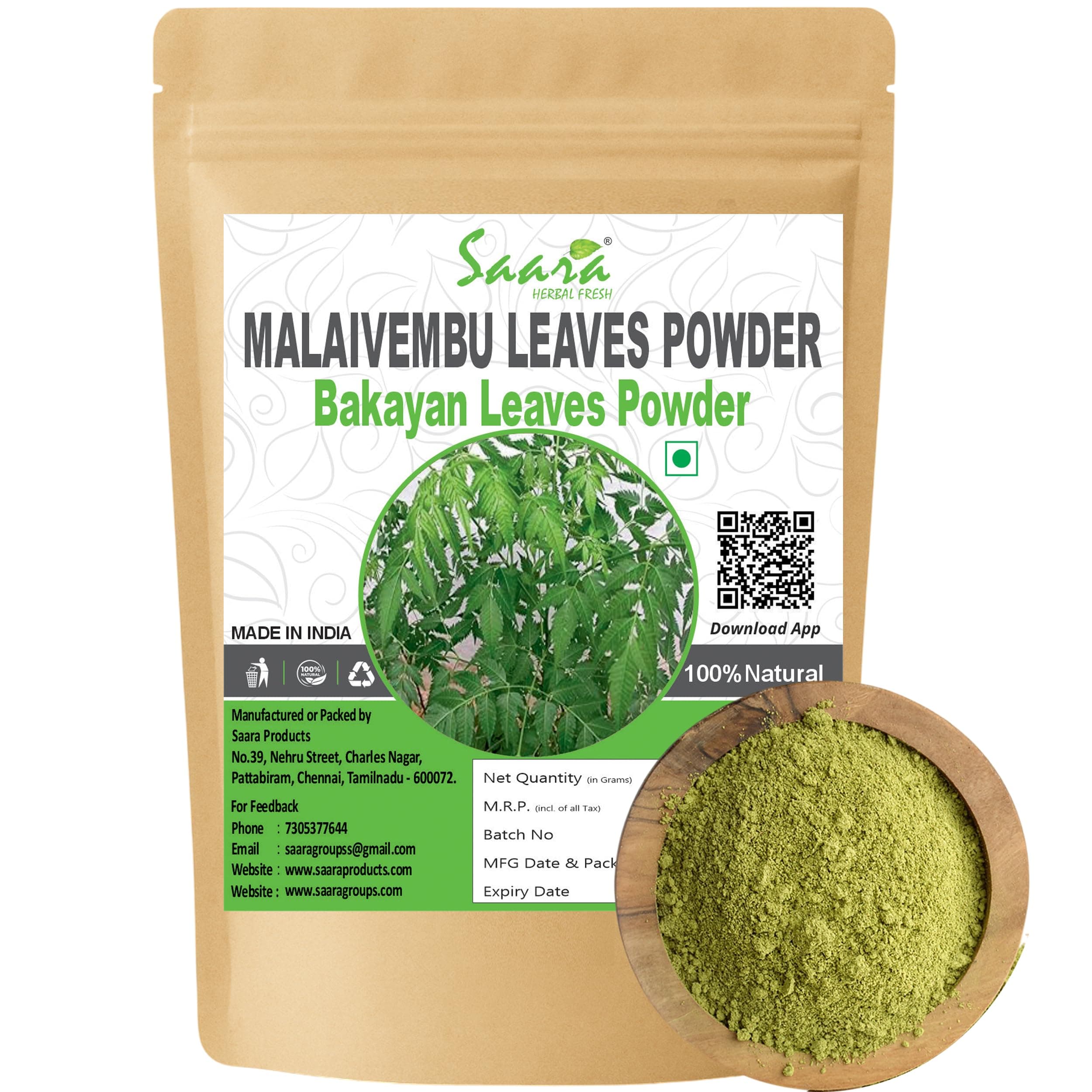 Saara HERBAL FRESH Malaivembu Leaves Powder, Bakayan, Chinaberry, Melia Azedarach Powder, 50g (Pack of 1 X 50g)