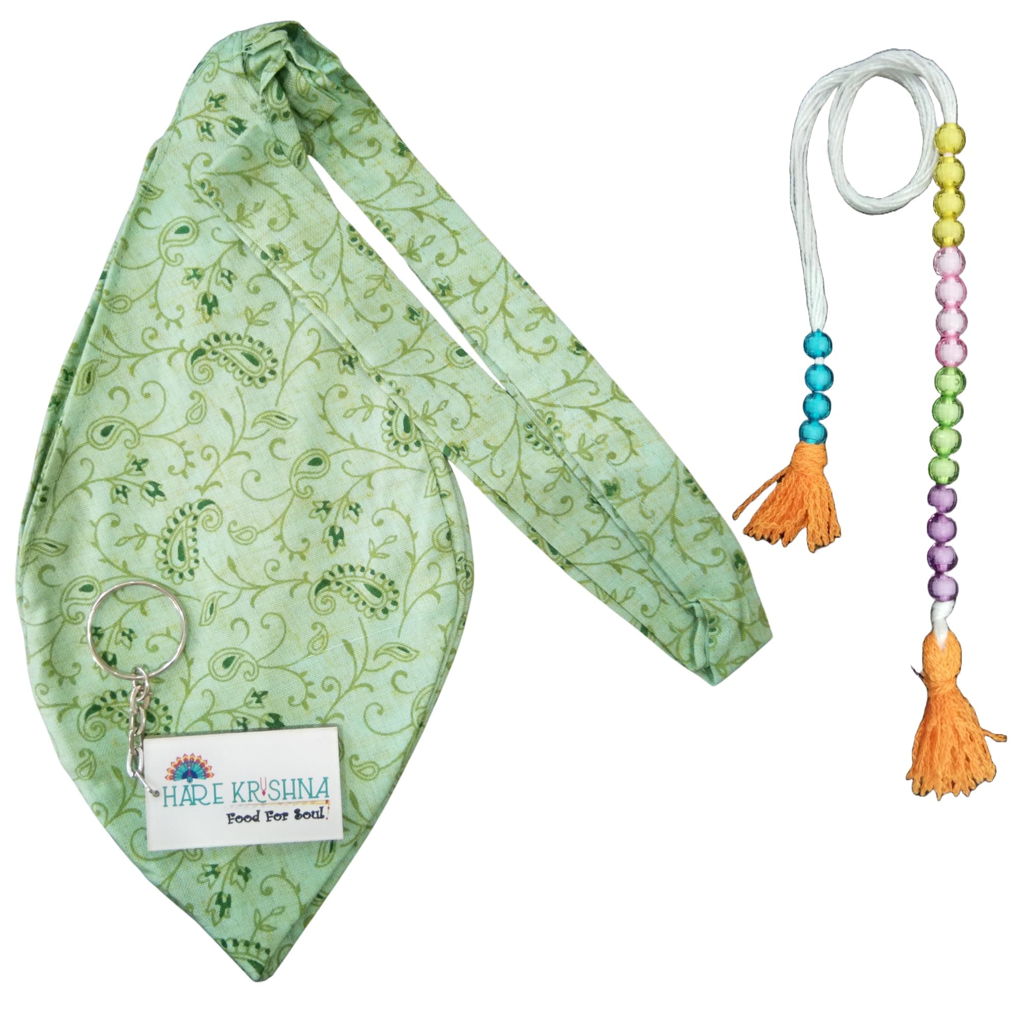 Hare Krishna Food For Soul Light Green Cotton Japa Mala Bag with Sakshi Mala & Keychain, Printed Gomukhi Chanting Bag, Jap Mala Bag, Japa Bag, Mala Jaap Bag, Bead Bag for Chanting Combo Pack