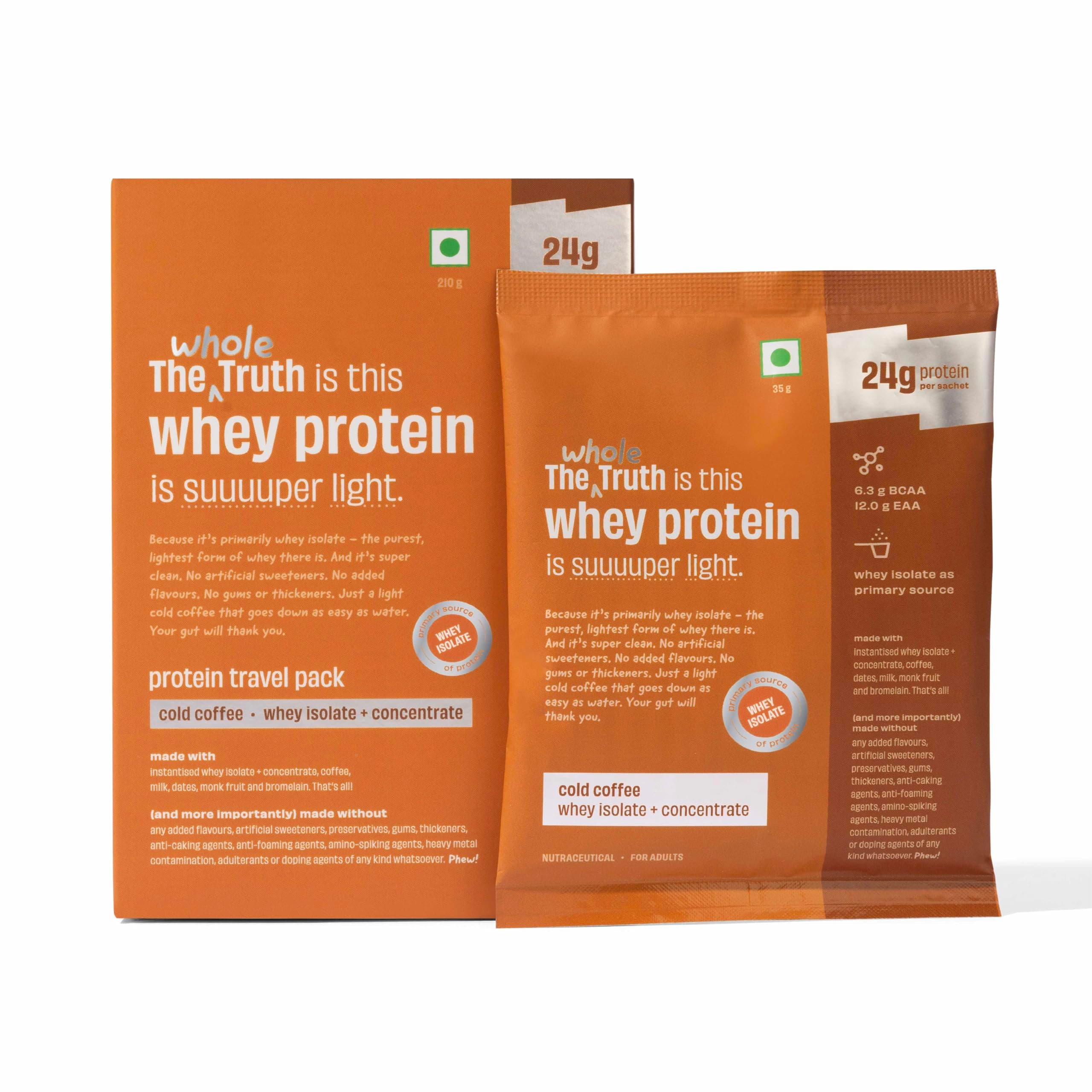 The Whole Truth Whey Protein Isolate+Concentrate | Cold Coffee 210g (Pack of 6) | 24g Protein per sachet | 6.3g BCAA | No Adulteration | Clean, Light & Easy to Digest | Sample & Travel Pack | No Artificial Flavours