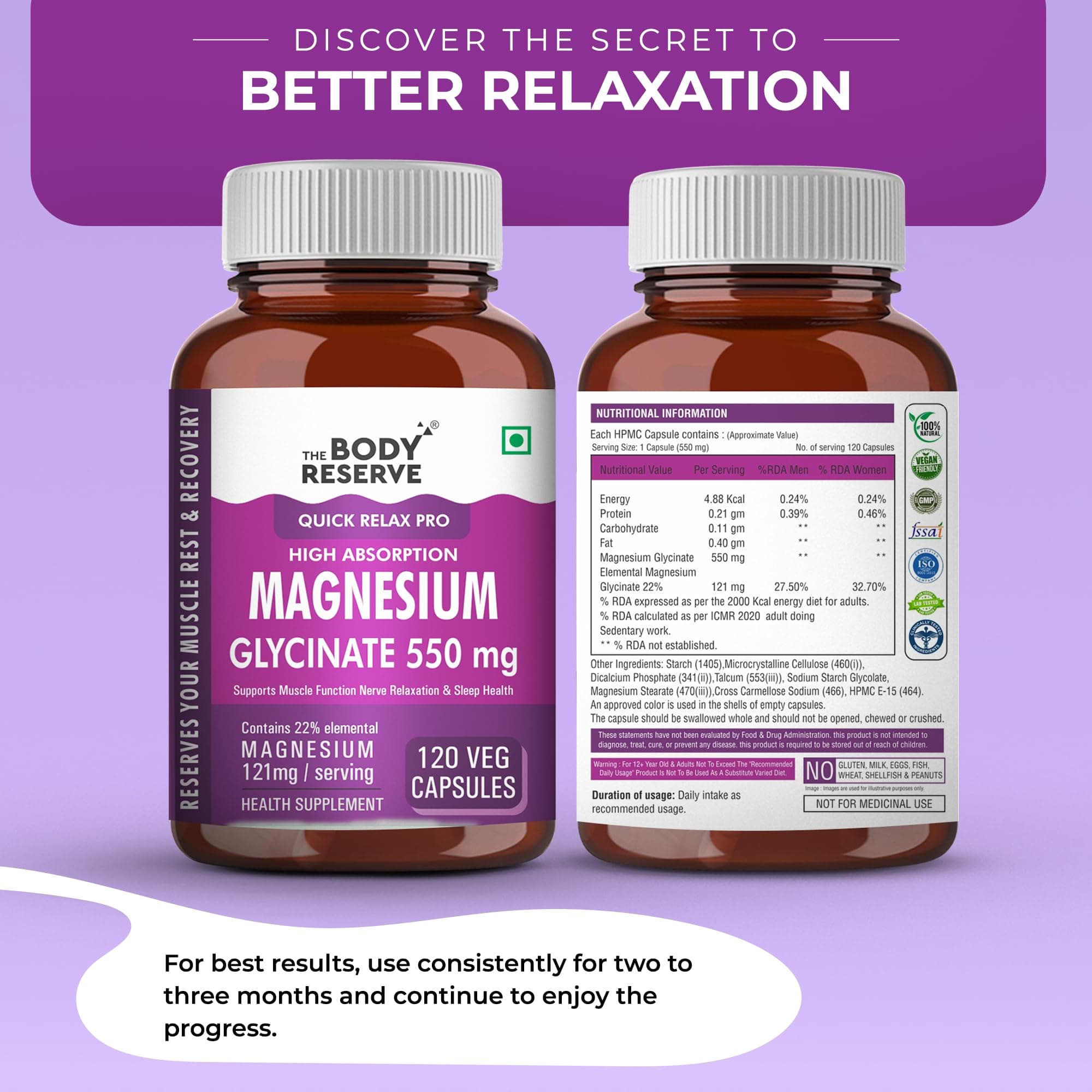The Body Reserve Magnesium Glycinate Supplement - 120 Vegetable Capsules, 550mg Per Serving, High Absorption Chelated Form - Supports Muscle & Nerve Health, Aids Relaxation for Men & Women
