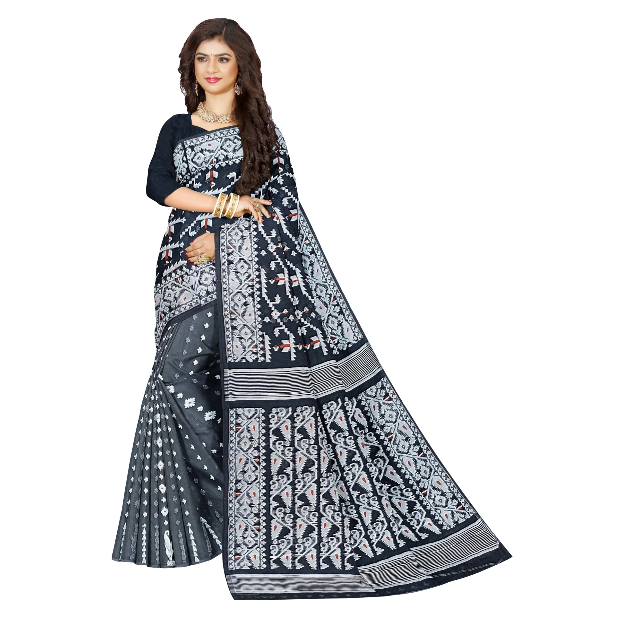 Mayabi Women's Dhakai Jamdani Cotton Silk Saree – Traditional Bengali Tant Korat Work, Without Blouse Piece, Starched Texture