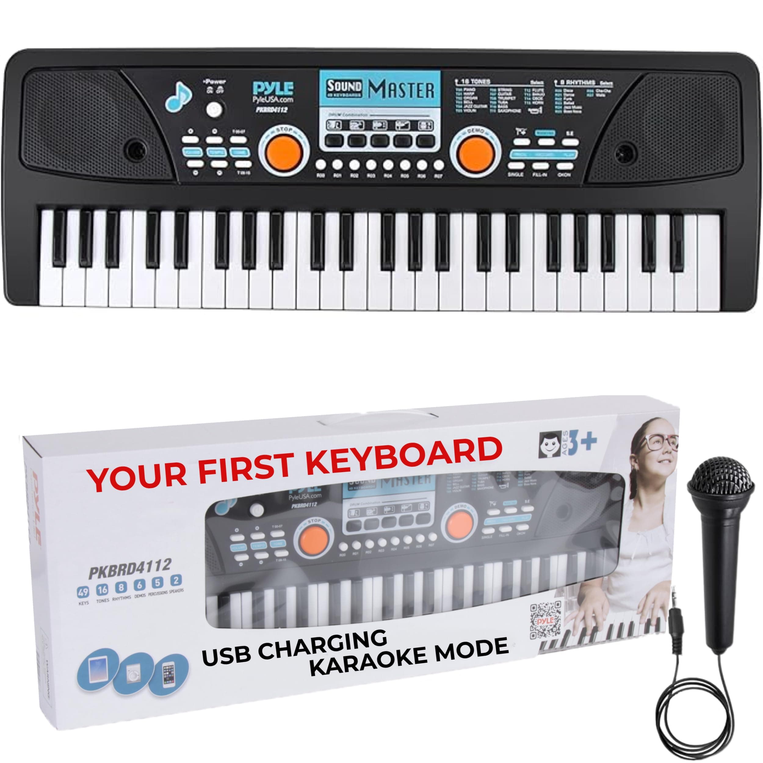 Pyle Digital Electronic Musical Keyboard - Kids Learning Keyboard 49 Keys Portable Electric Piano w/ Drum Pad, Recording, Rechargeable Battery, Microphone - PKBRD4112