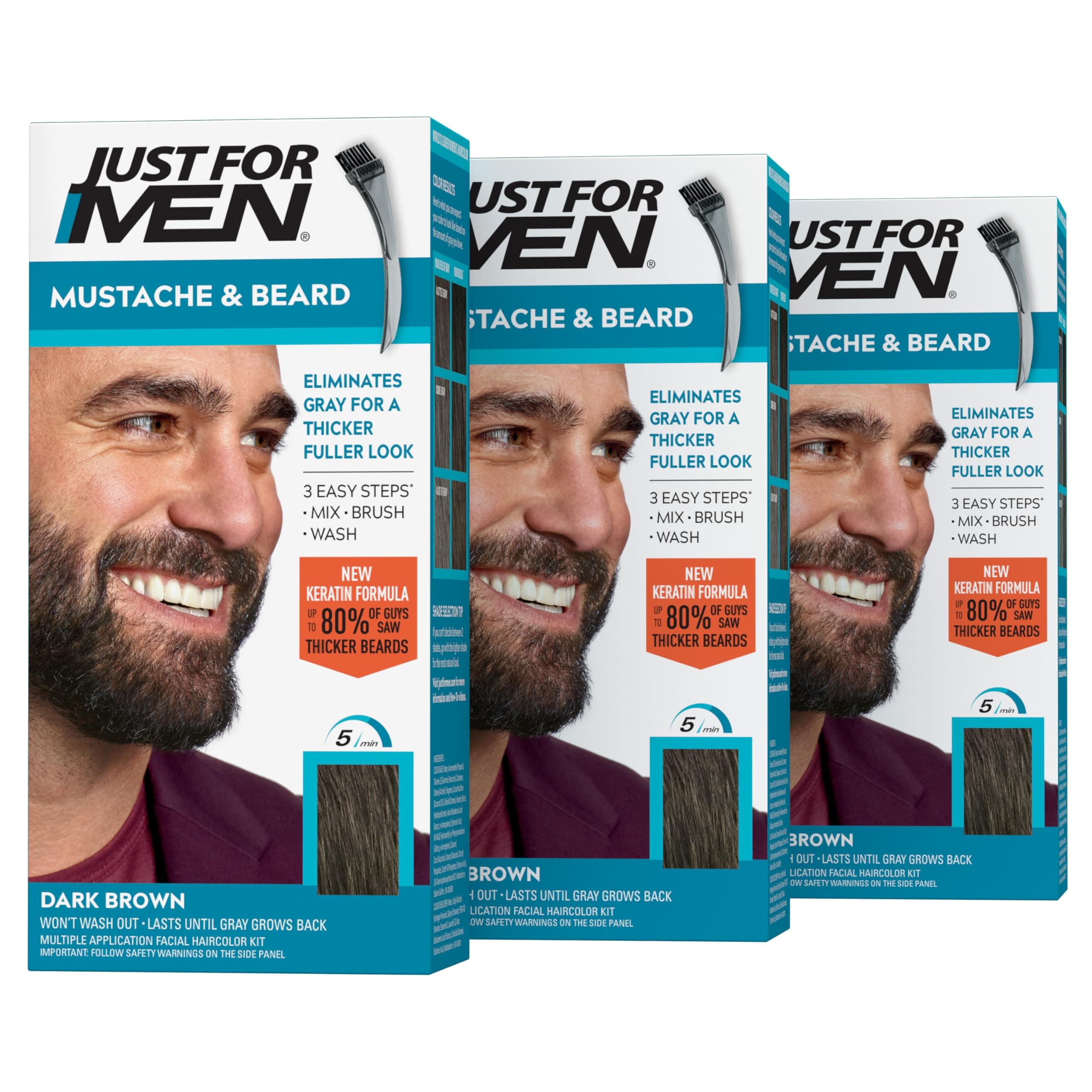 Just For Men Mustache & Beard, Beard Coloring for Gray Hair with Brush Included - Color: Dark Brown, M-45 (Pack of 3)