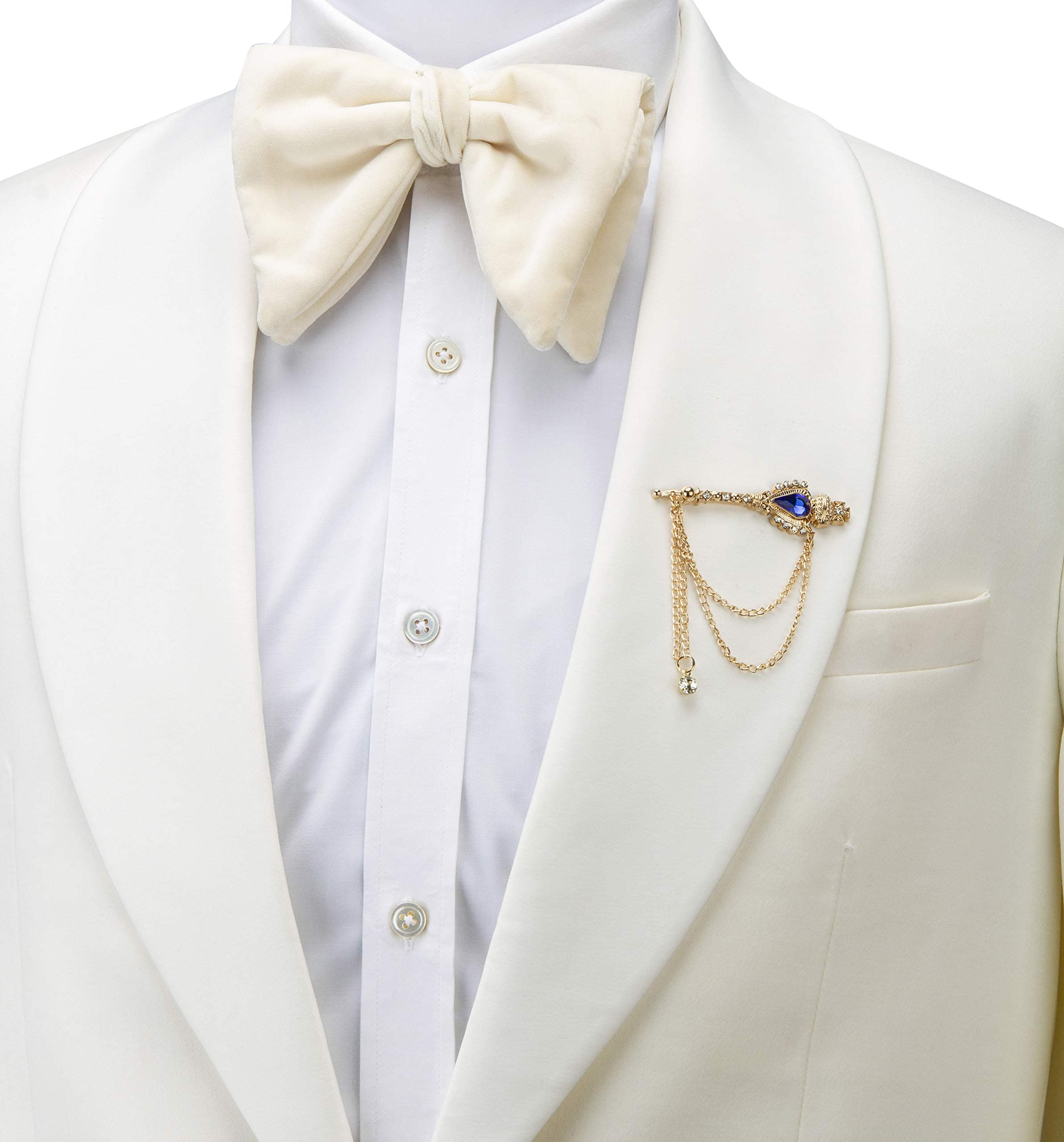 Knighthood Gold with Blue Stone and Hanging Chain Formal Key Lapel Pin Brooch for Men