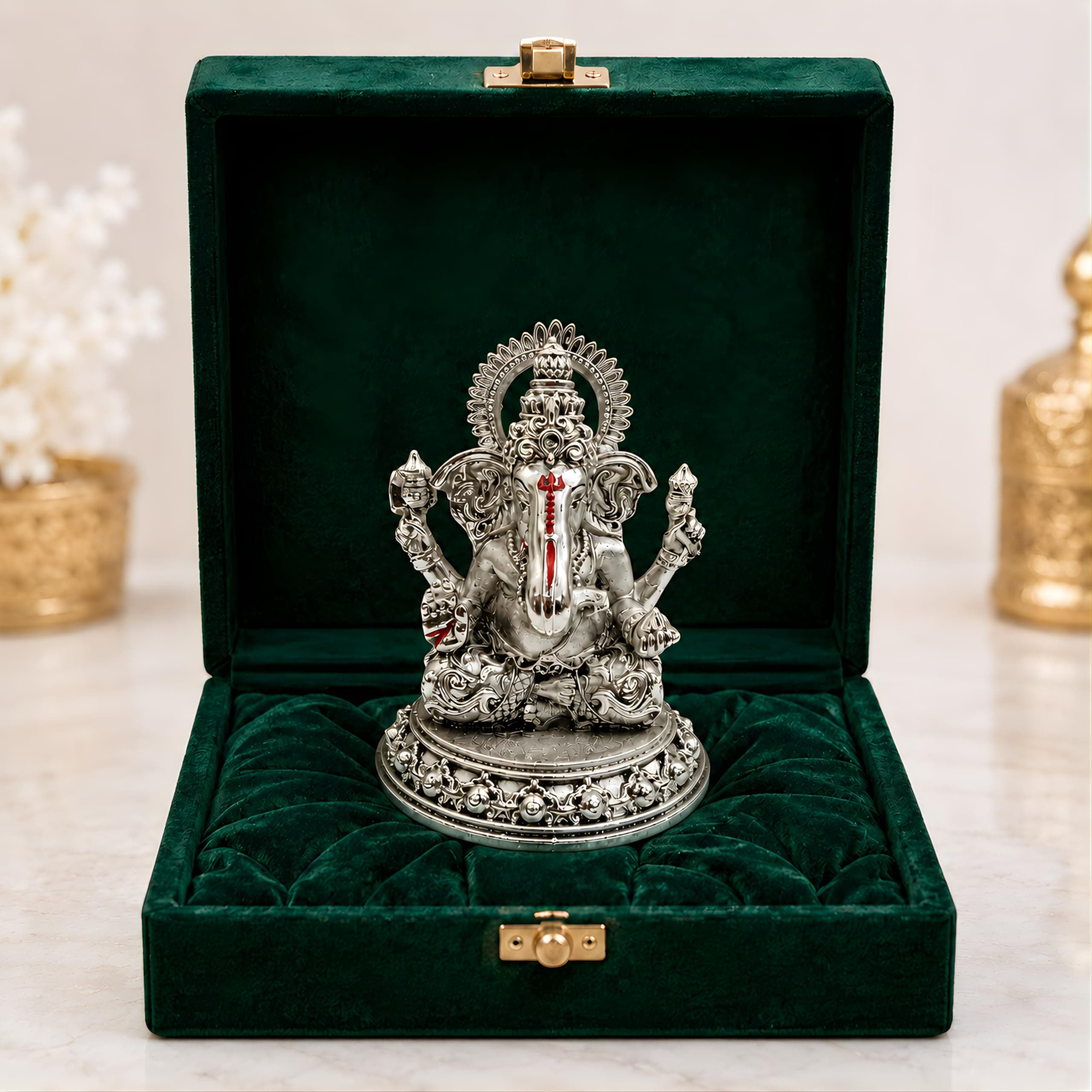 Dev Aastha 999 Silver Plated Lord Ganesha Idol Sitting with Intricate Detailing - Vighnaharta Showpiece for Prosperity and Good Fortune - Premium Anti-Tarnish Murti for Temple and Desk