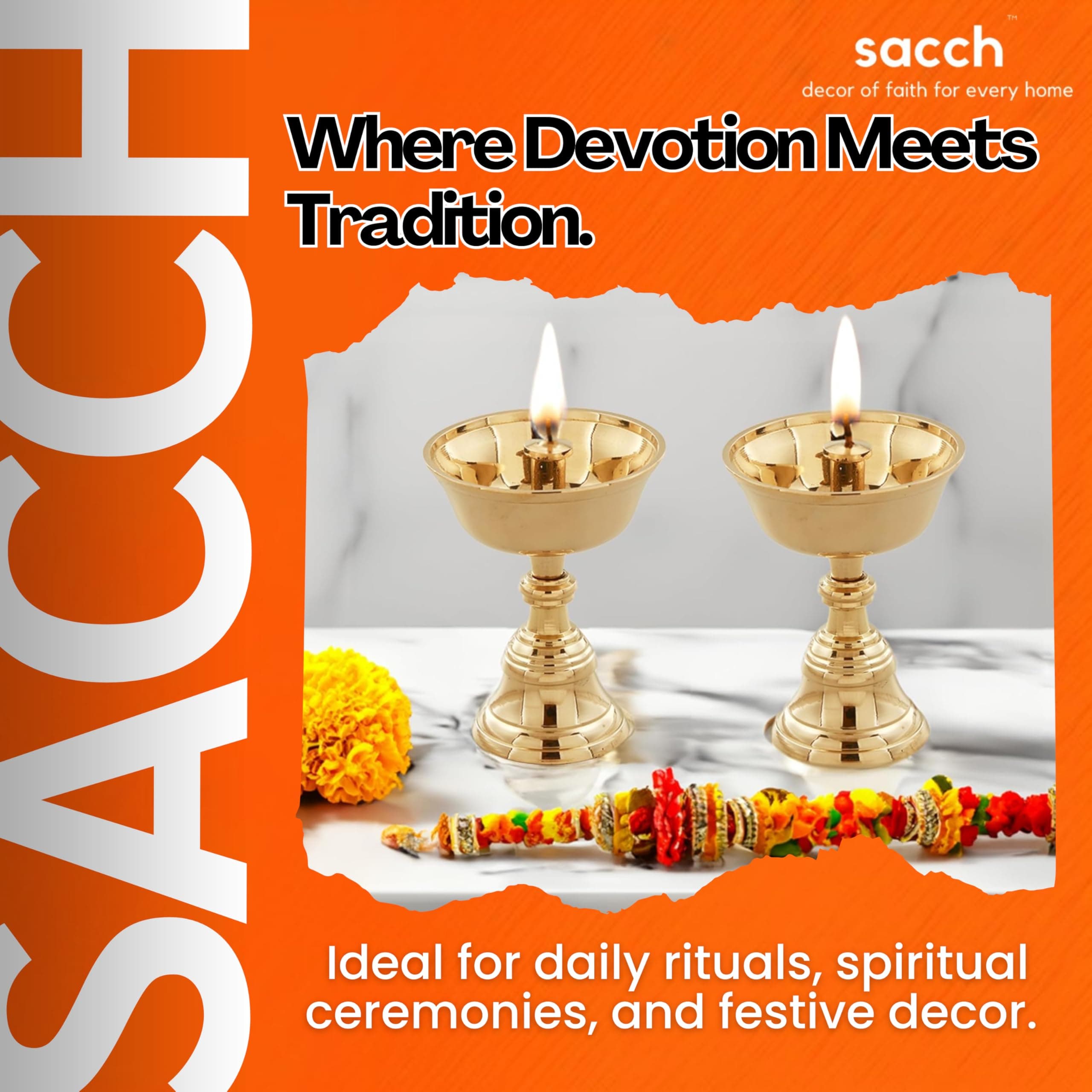 SACCH Pure Brass Akhand Diya (Set of 2) | Handcrafted Tall Pedestal Pooja Diya Pair | Deepam for Home Mandir & Spiritual Lighting | Diwali Return Gifts, Home Decor & Religious Accessories