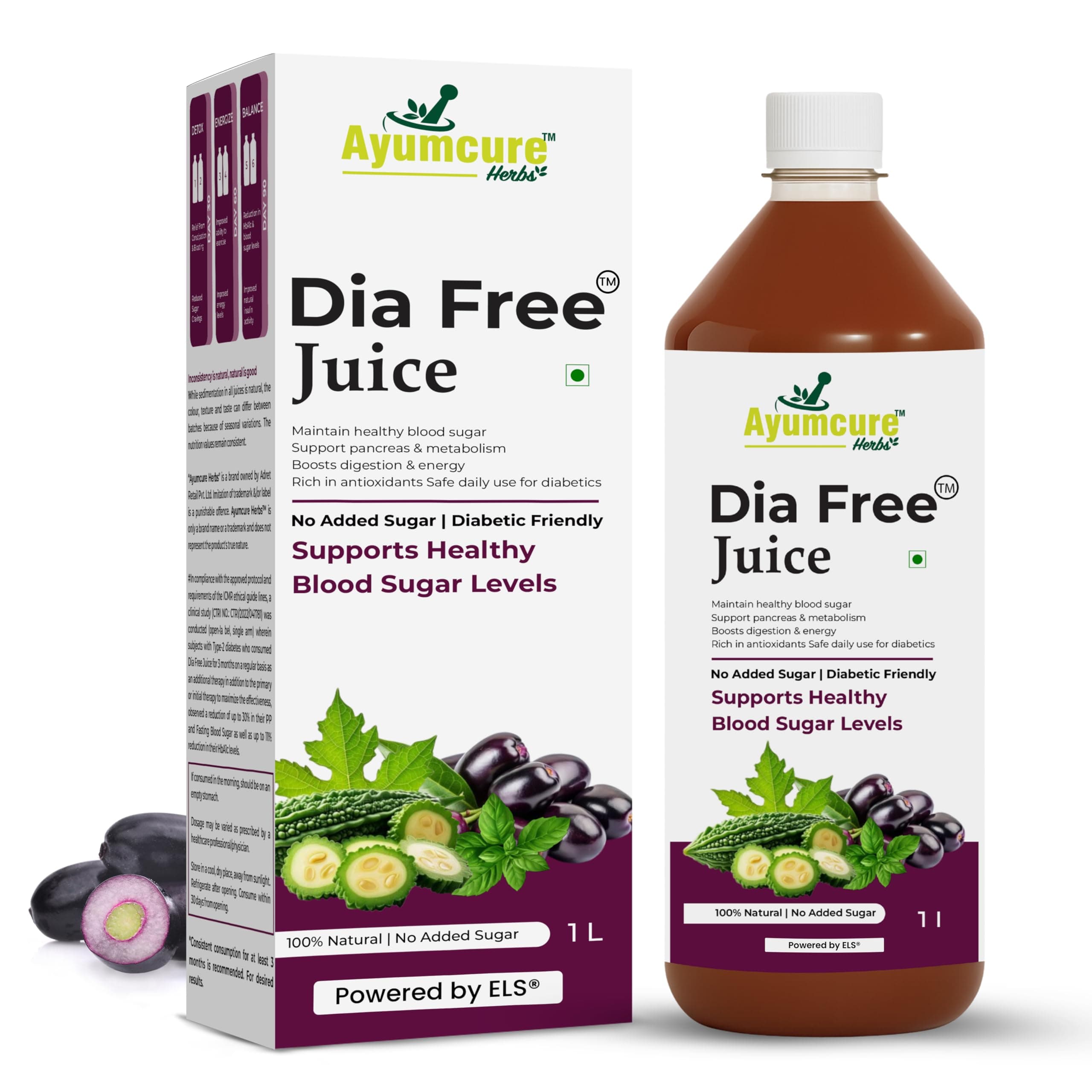 Ayumcure Dia Free Juice 1L | Ayurvedic Juice for Blood Sugar Control | With Karela, Jamun, Amla, Giloy, Tulsi & More | Natural Antioxidants | Sugar-Free | Safe for Diabetics | For Men & Women