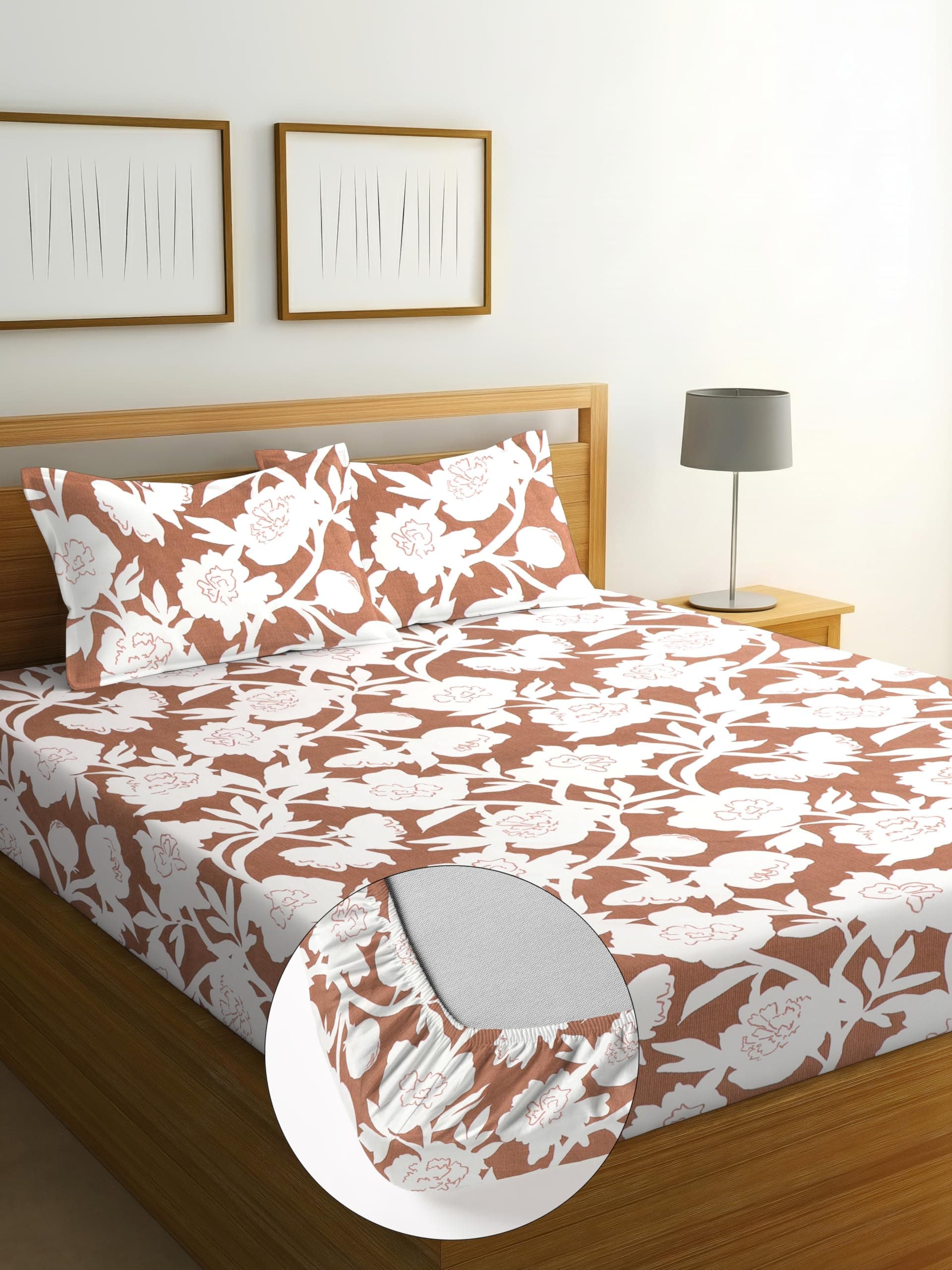 SHOMES Cotton Glace Cotton Floral Elastic Fitted Bedsheet with 2 King Size Pillow Covers | Double Bed with All Around Elastic, Fits Upto 8 Inches Mattress, Size 72 x 78 Inches