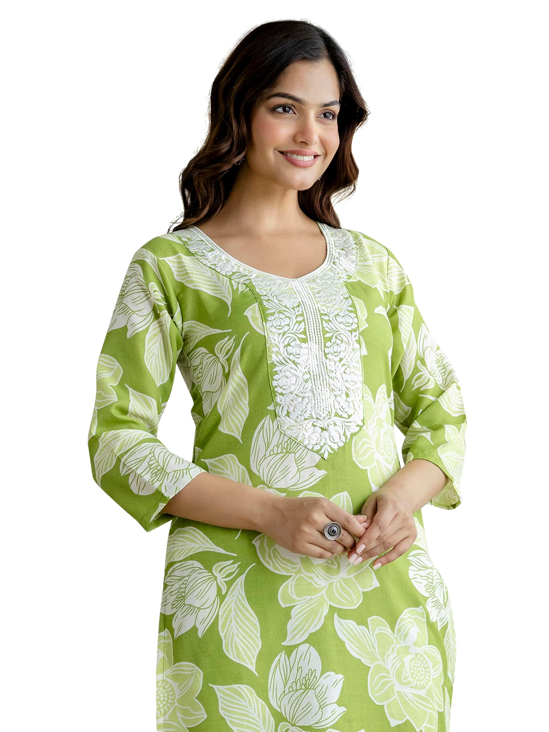 TRENDMALLS Women's Cotton Slub Magic Printed Kurta Pant Embroidery Neck Work Kurta Set