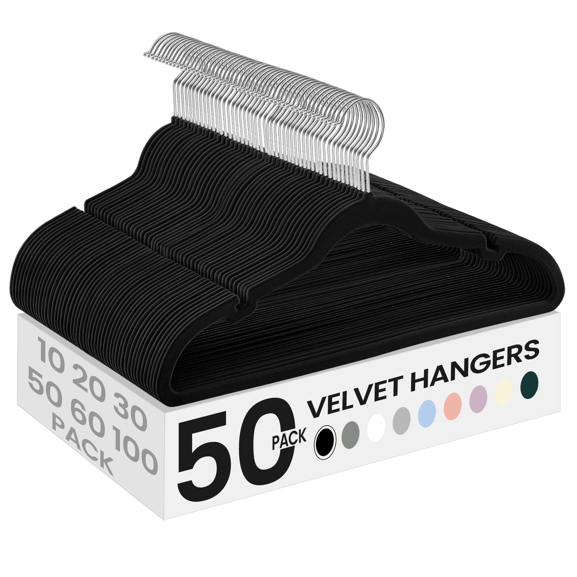 SONGMICS Velvet Hangers 50 Pack, Non-Slip Clothes Hangers, with Shoulder Notches, Pants Bar, 360Ã‚° Swivel Hook, Space-Saving, for Closet, Ink Black UCRF029B05