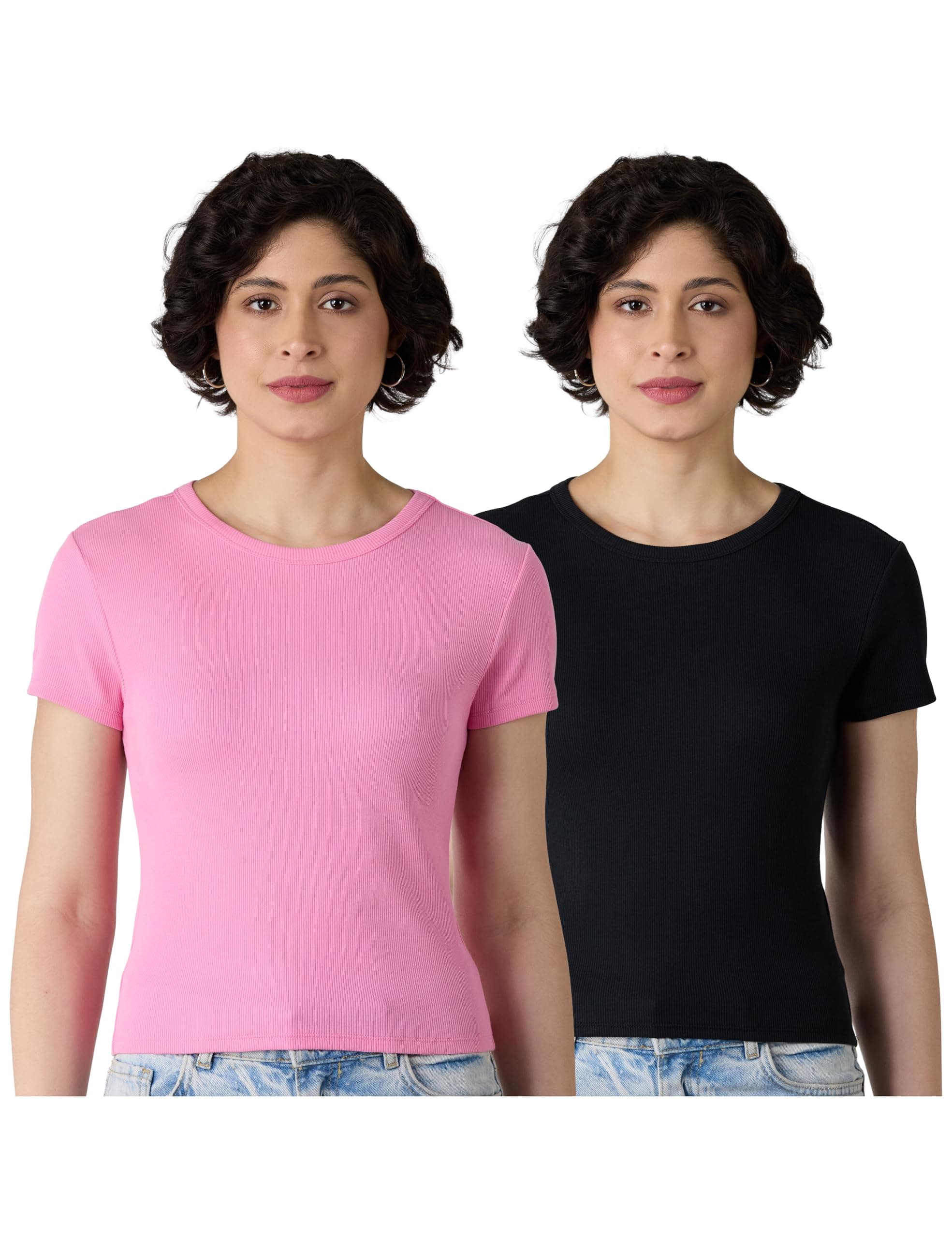 Amazon Brand - Symbol Women's Slim Fit Cropped Rib T-Shirt (Round Neck | Half Sleeve | Pack of 2) (Available in Plus Size)