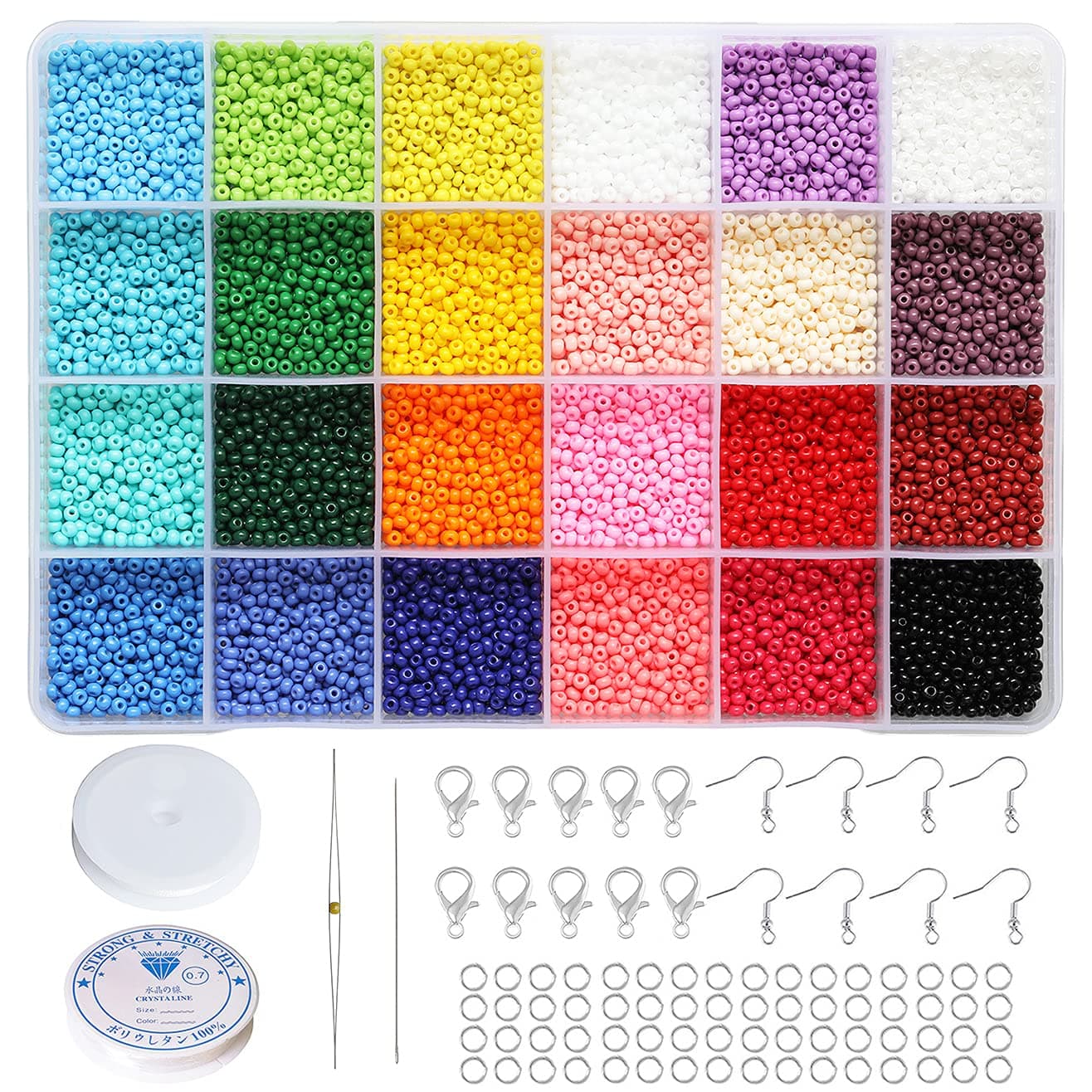BALABEAD 3mm Round Size Almost Uniform Glass Seed Beads with Beading Kit, About 7800pcs in Box 24 Multicolor Assortment Size 8/0 Craft Seed Beads for Jewelry Making,(about 325pcs/Color, 24 Colors)