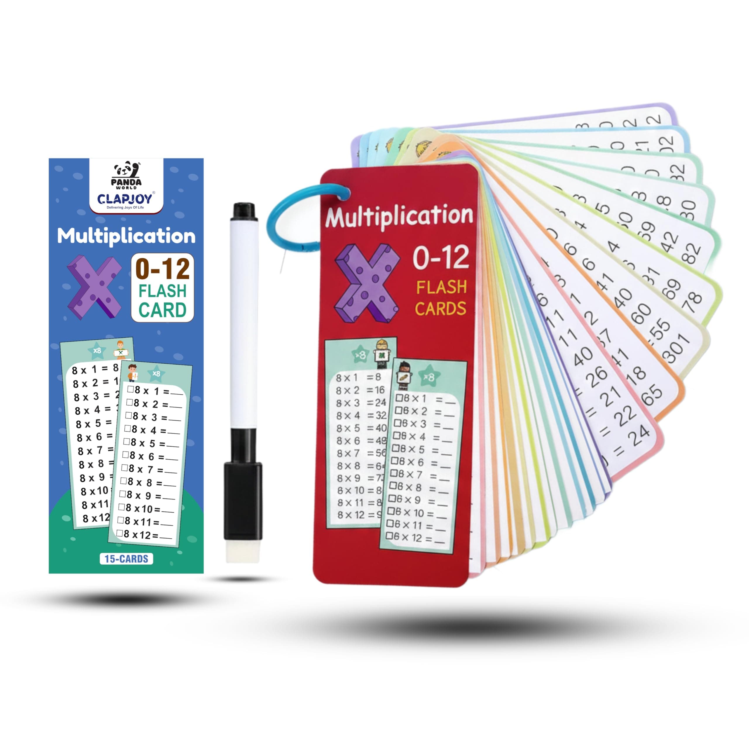 Pandaworld 1-12 Multiplication Flash Cards, Reusable Math Cards, Large Math Table Flashcards, Includes 15 Cards, Marker & Duster, Educational Times Table Flashcards for Classroom, Home 6+ Years