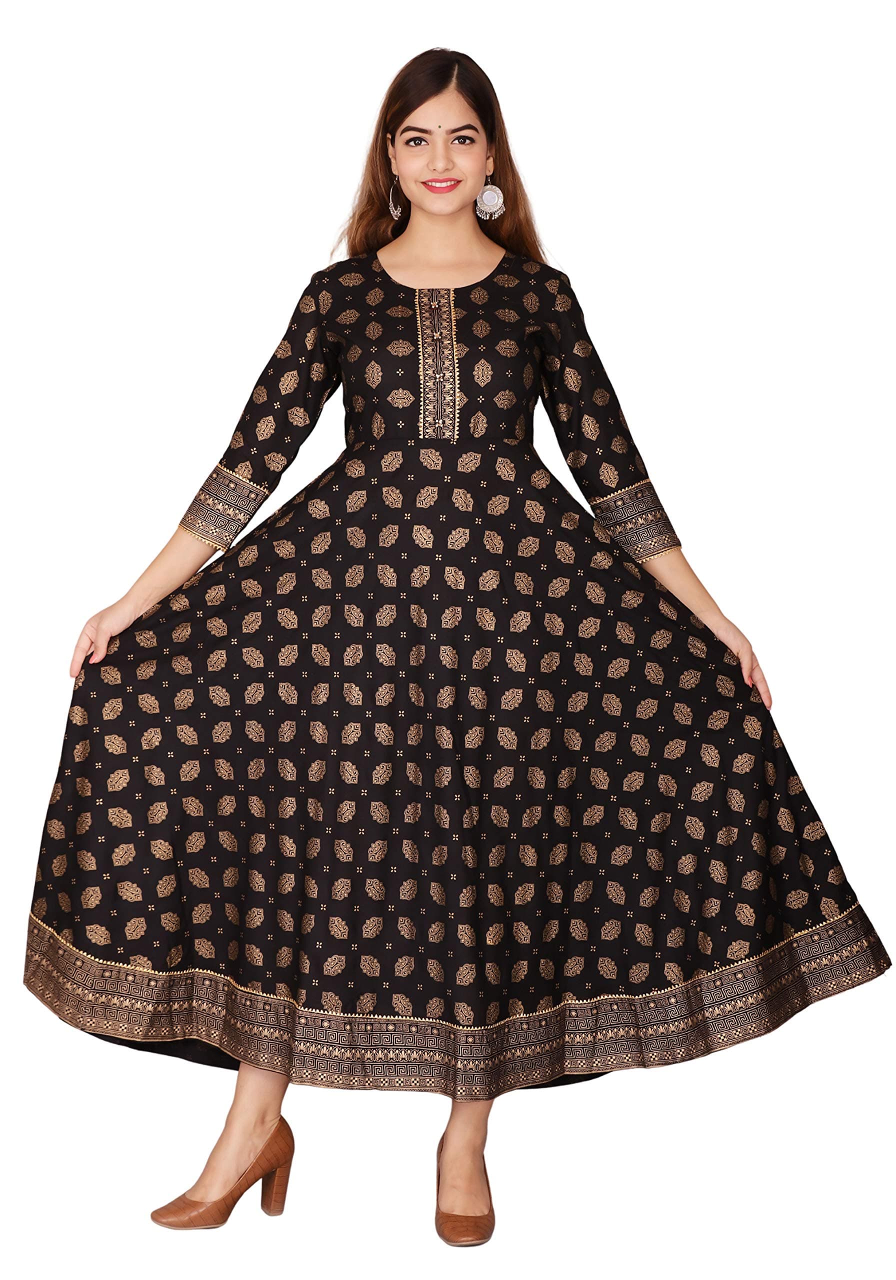 NEEMIYA Women's Printed Rayon Anarkali Kurta Black