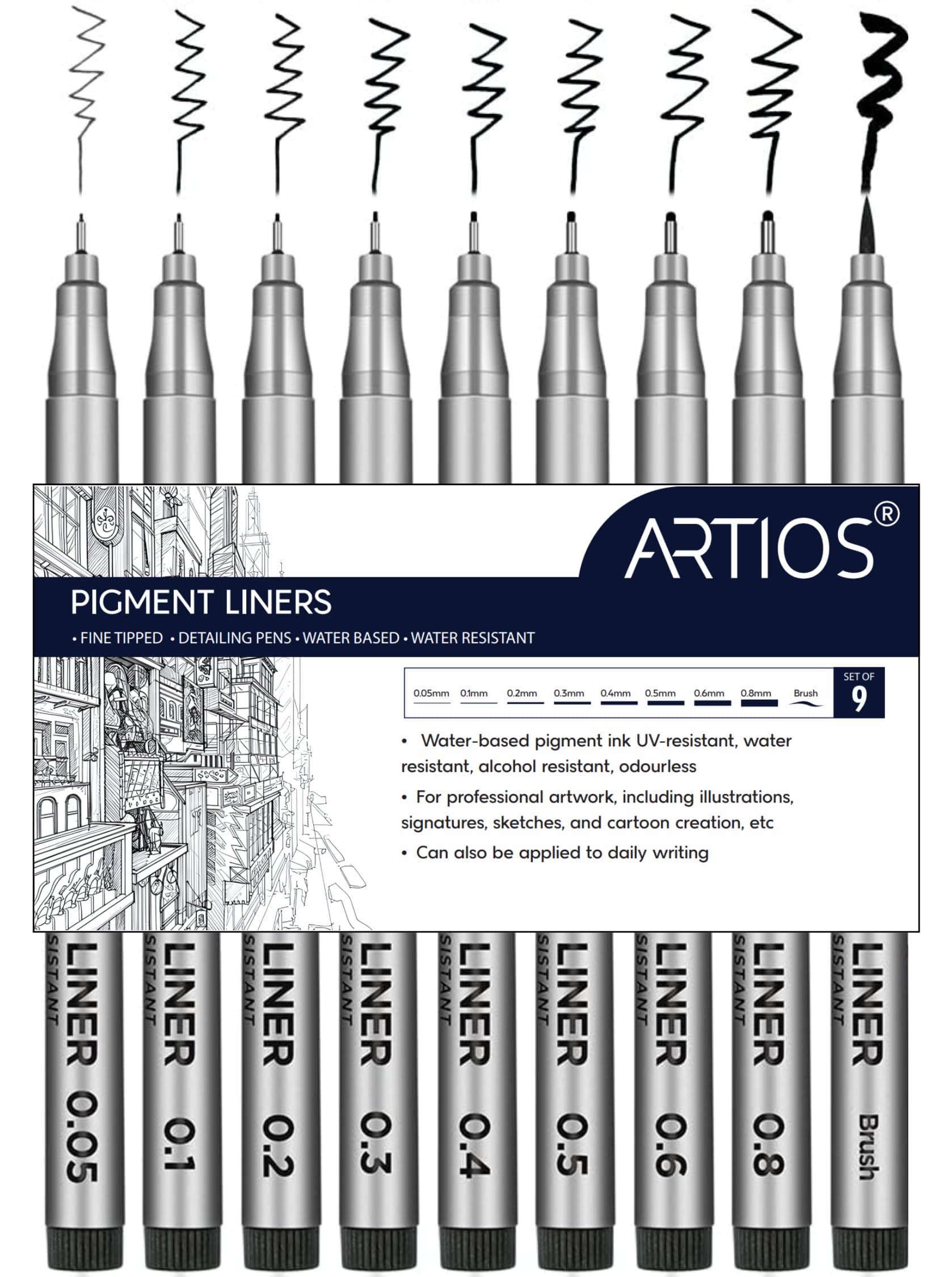 ARTIOS Fineliner Pens, 0.05-0.8mm, Black, Set of 9, for Mandala Art
