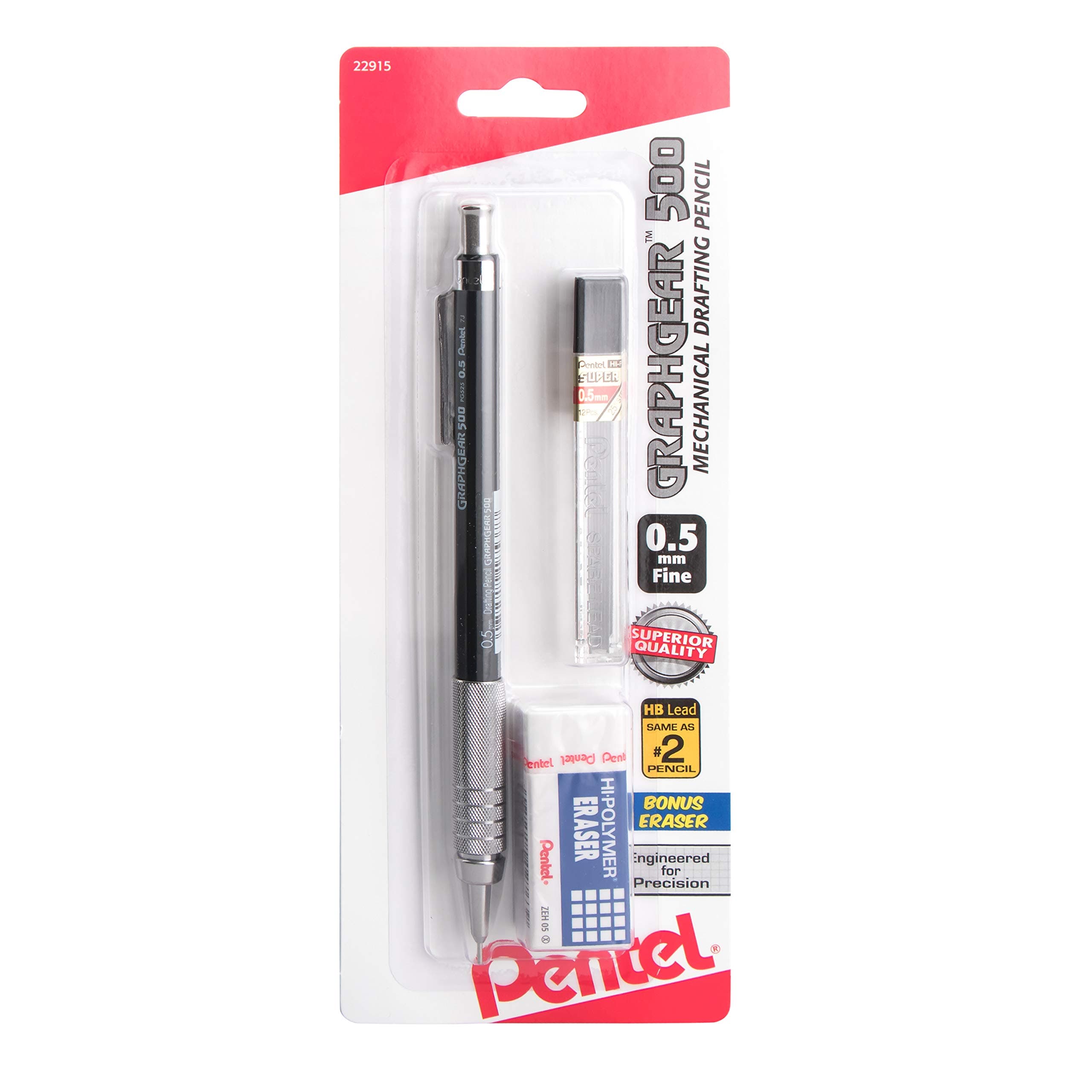 Pentel Graph Gear 500 Automatic Drafting Pencil with Lead and Mini Eraser, 0.5 mm (PG525LEBP)