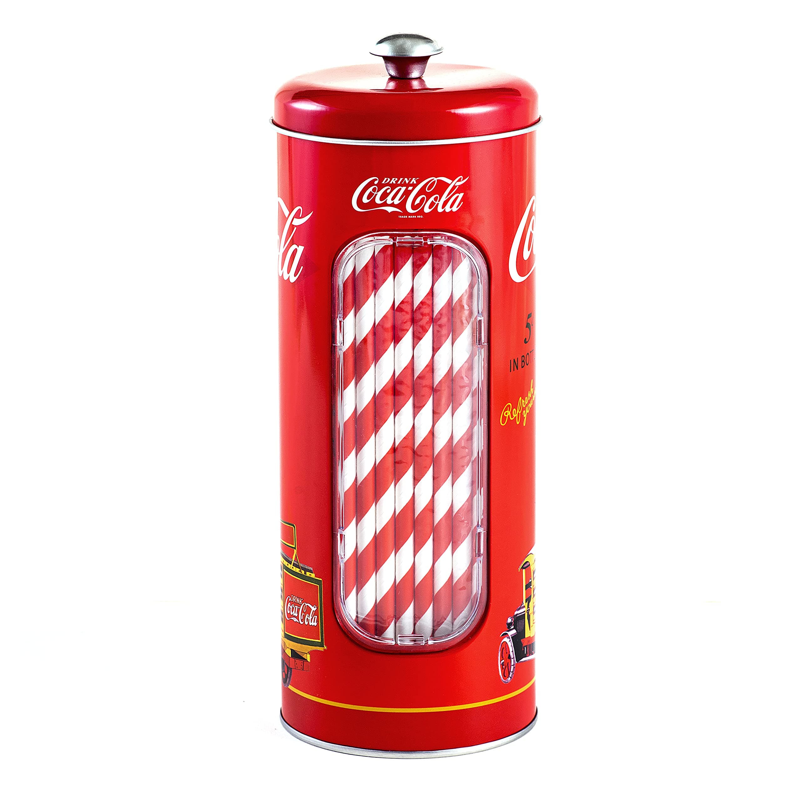 The Tin Box Company Coke Straw Holder Tin with 20 Paper Straws Inside, 3-3/8 x 8-1/4"H, Red and White (771517-12) - Good for 8" Straws or Less