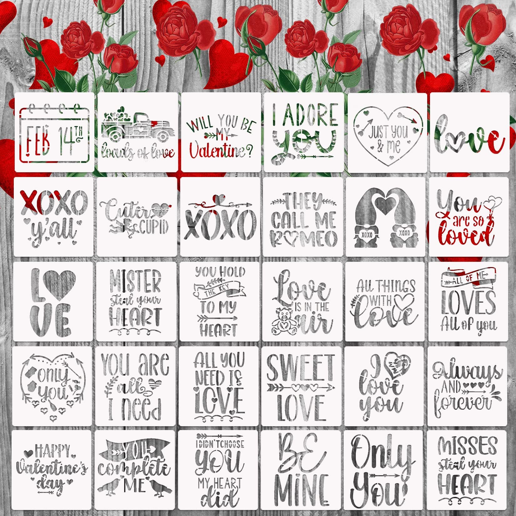 Valentine Stencils for Painting on Wood, 3x3 Inch Reusable Love Heart Holiday Templates Happy Valentine Day Stencils for DIY Ornaments Crafts Supplies