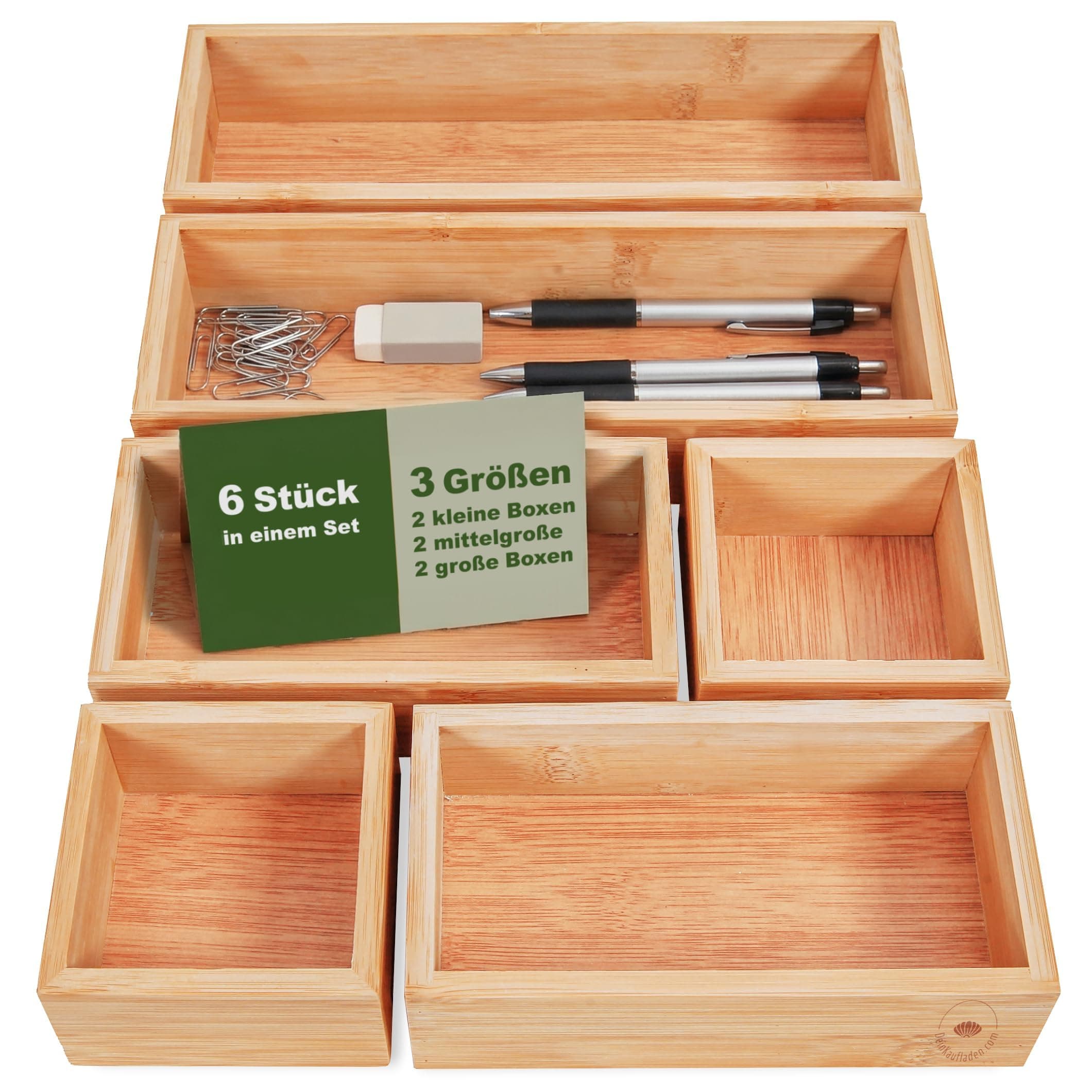 DeinKaufladen.com Set of 6 Wooden Storage Boxes - Practical and Flexible Bamboo Box - Drawer Box Sorting Box Cosmetic Storage Organiser Box Wooden Boxes Wooden Box