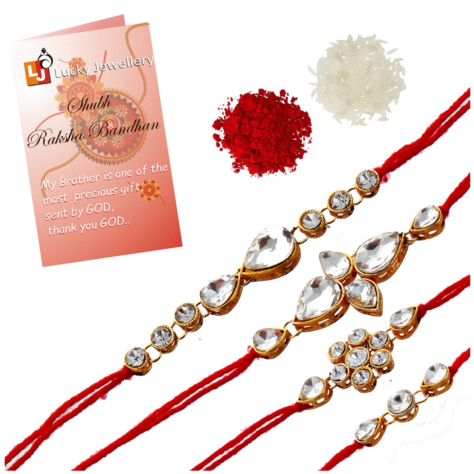Lucky Jewellery Unisex Adult's Designer Fancy Traditional Gold Plated Red Thread White Stone Rakhi- Pack of 4 Bracelet