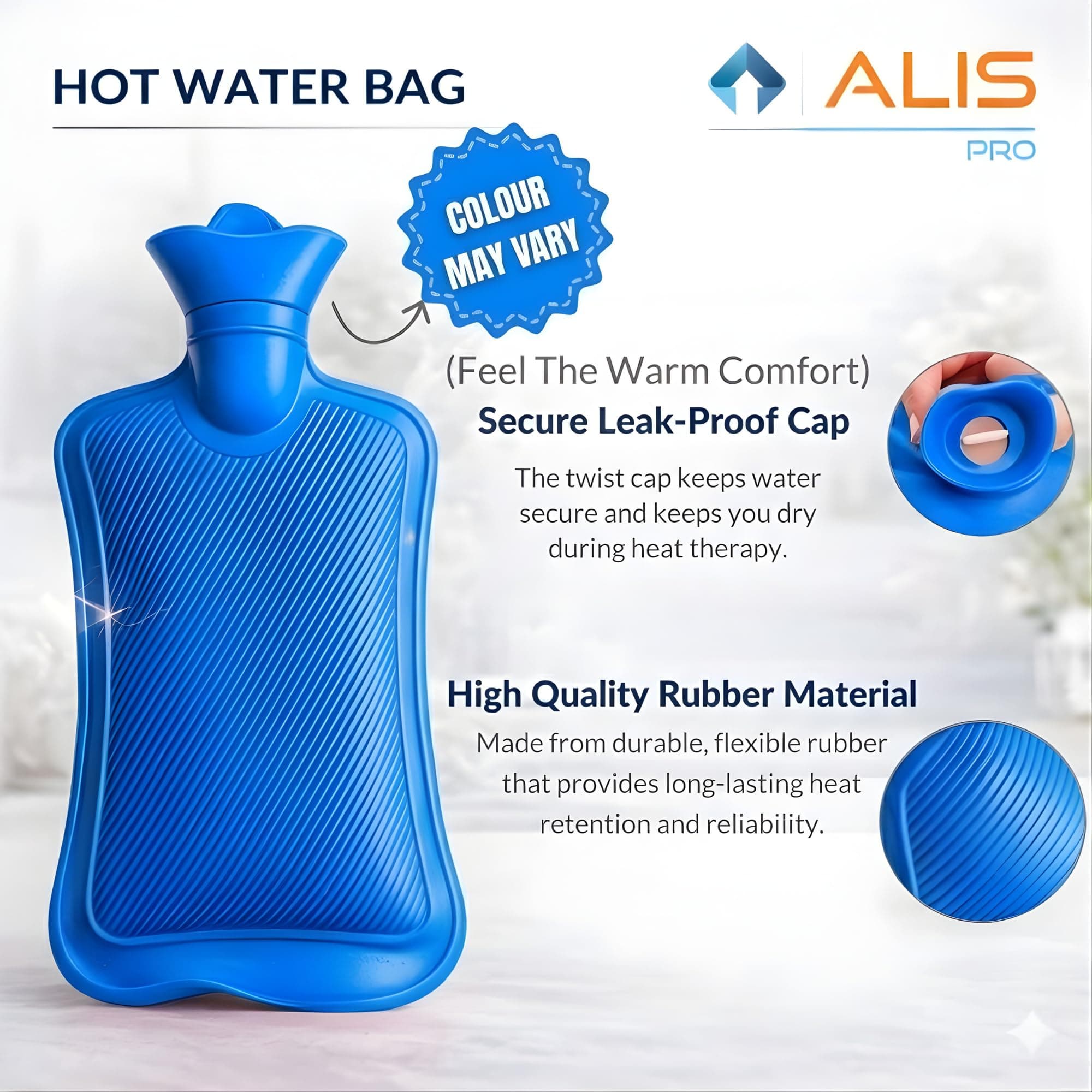 ALIS PRO Hot Water Bag 2 Litre for Pain Relief | Leak-Proof Rubber Hot Water Bottle for Period Cramps, Back Pain, Neck & Joint Pain | Reusable Hot & Cold Therapy Bottle | Flexible & Durable Hot Water Bag