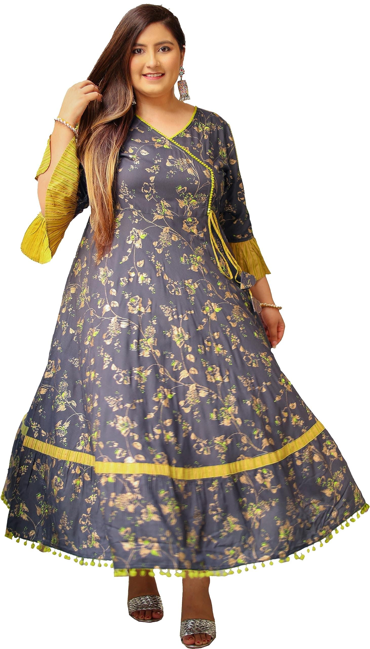 Yash Gallery Rayon Women's Plus Size Floral Printed Regular Fit Anarkali Kurti for Women (1398Ykgrey_Grey_XXXX-Large)