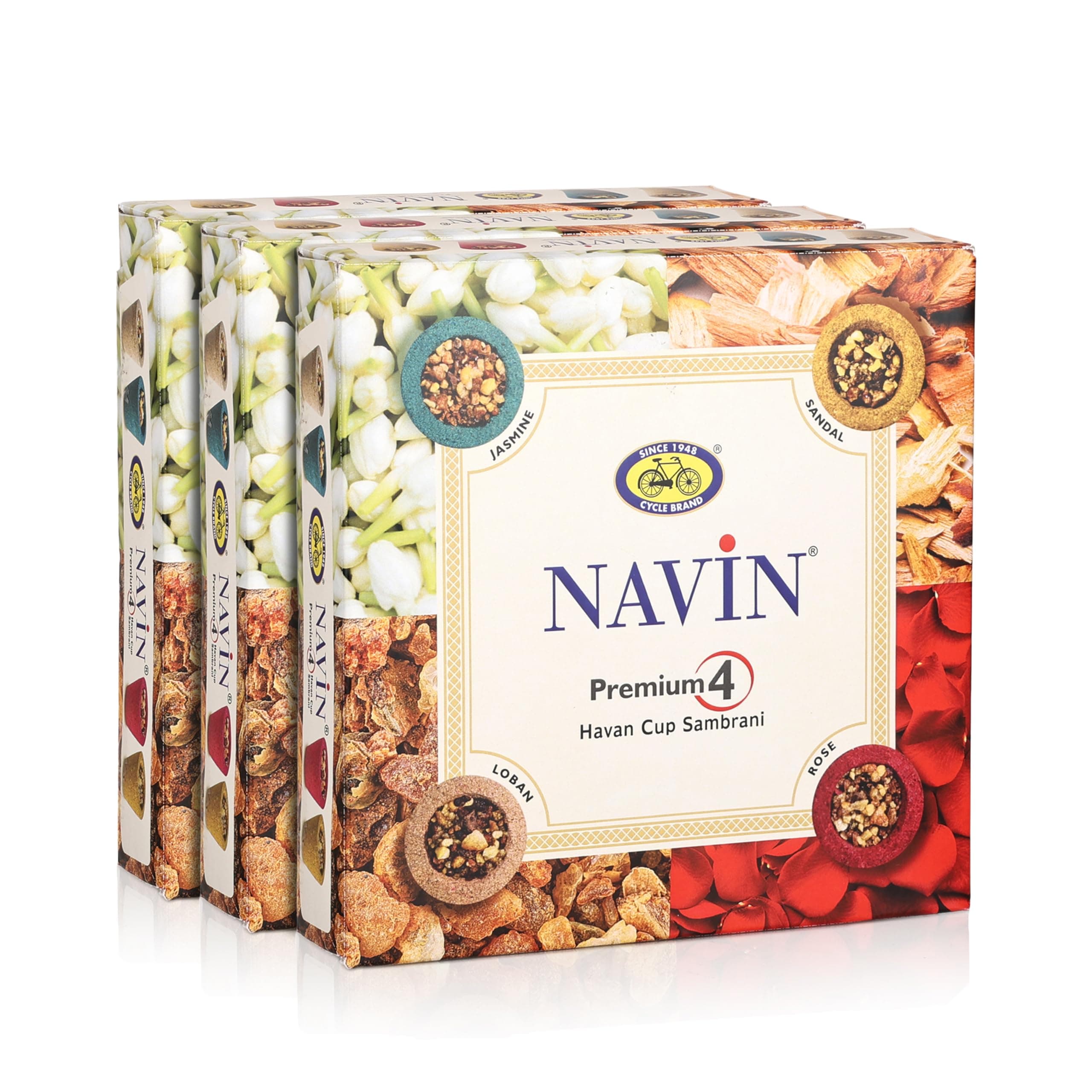 Cycle Pure Navin Premium 4-in-1 Havan Sambrani Cups | Natural & Traditional Aromatic Experience | Pack of 3 (Jasmine, Sandal, Rose, Loban)