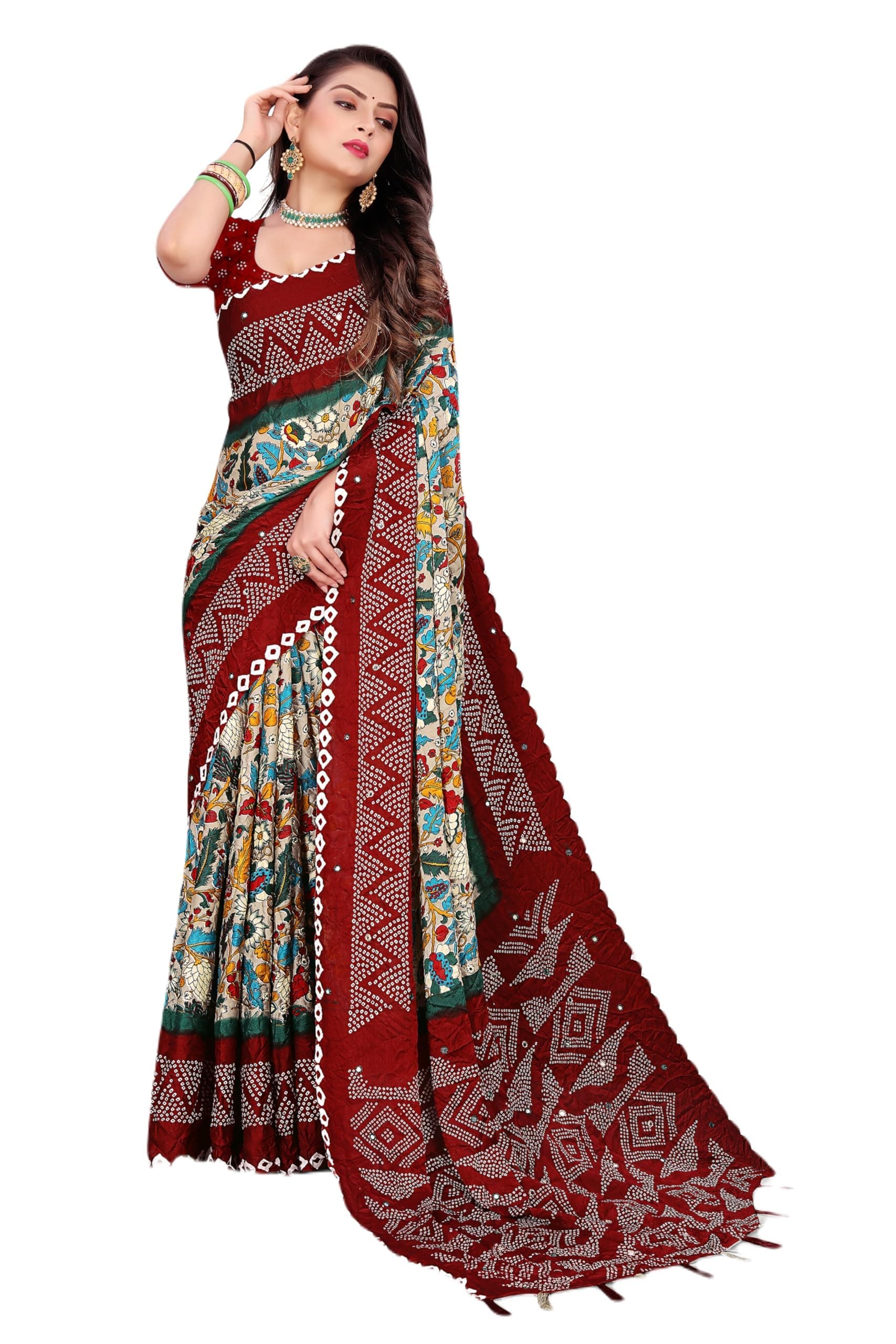 Jaanvi fashion Women's Crepe Silk Bandhani Printed Saree with Blouse Piece (kalamkari-maroon-re)