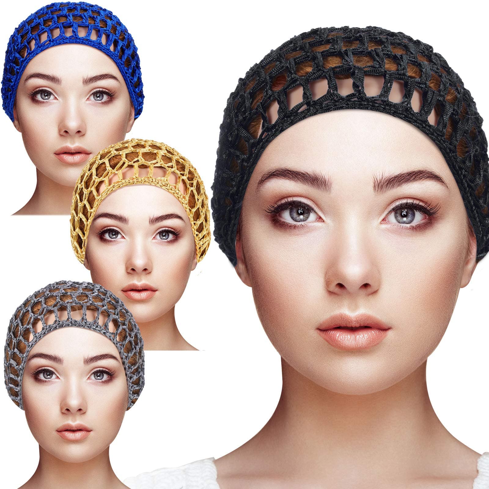 Geyoga 4 Pieces Mesh Crochet Hair Net Rayon Knit Snood Hat Thick Short Women Hairnet Snoods Cover Ornament for Sleeping