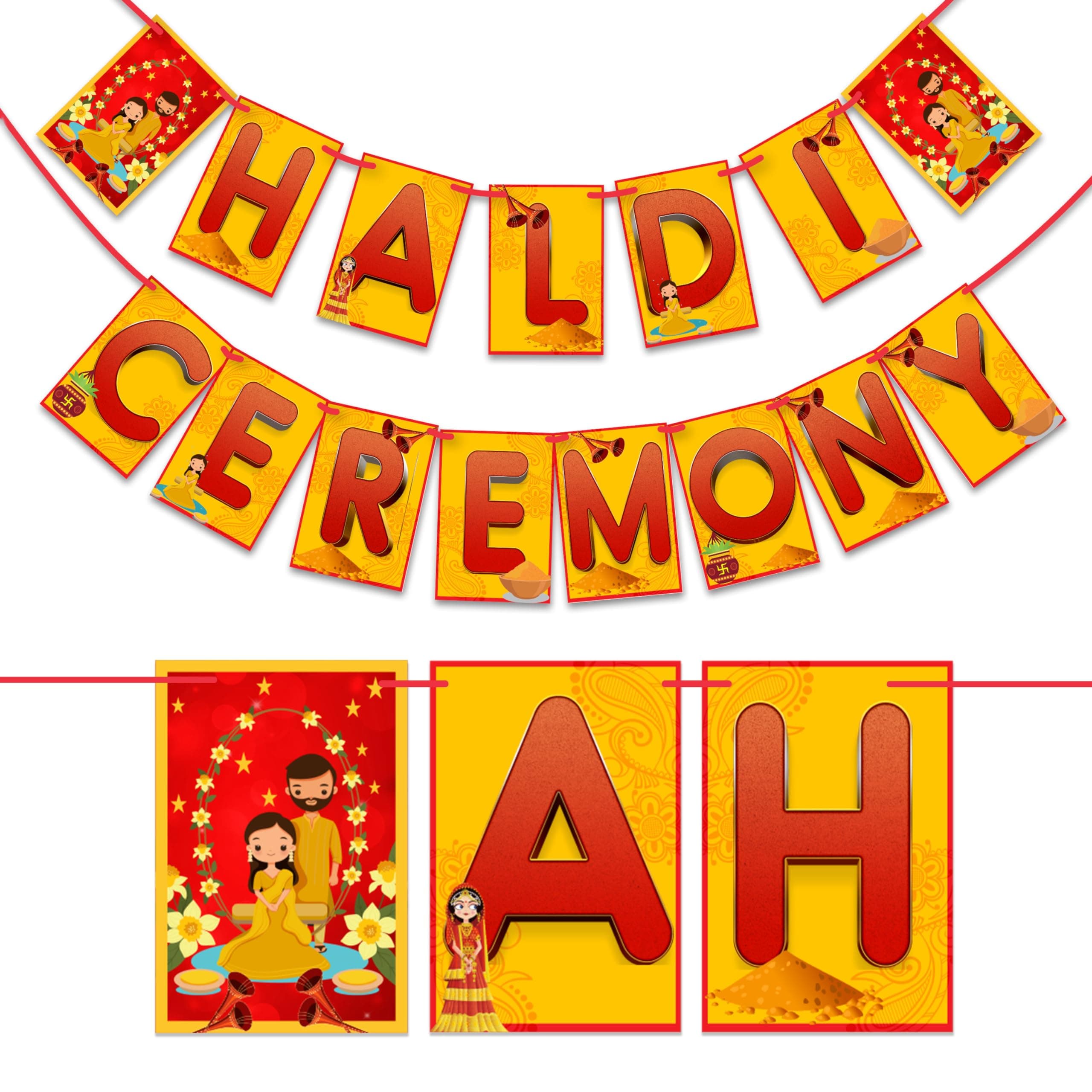 WOBBOX Haldi Bunting Banner Yellow & Red Color Font, Wedding Decoration Items, Haldi Decoration Items