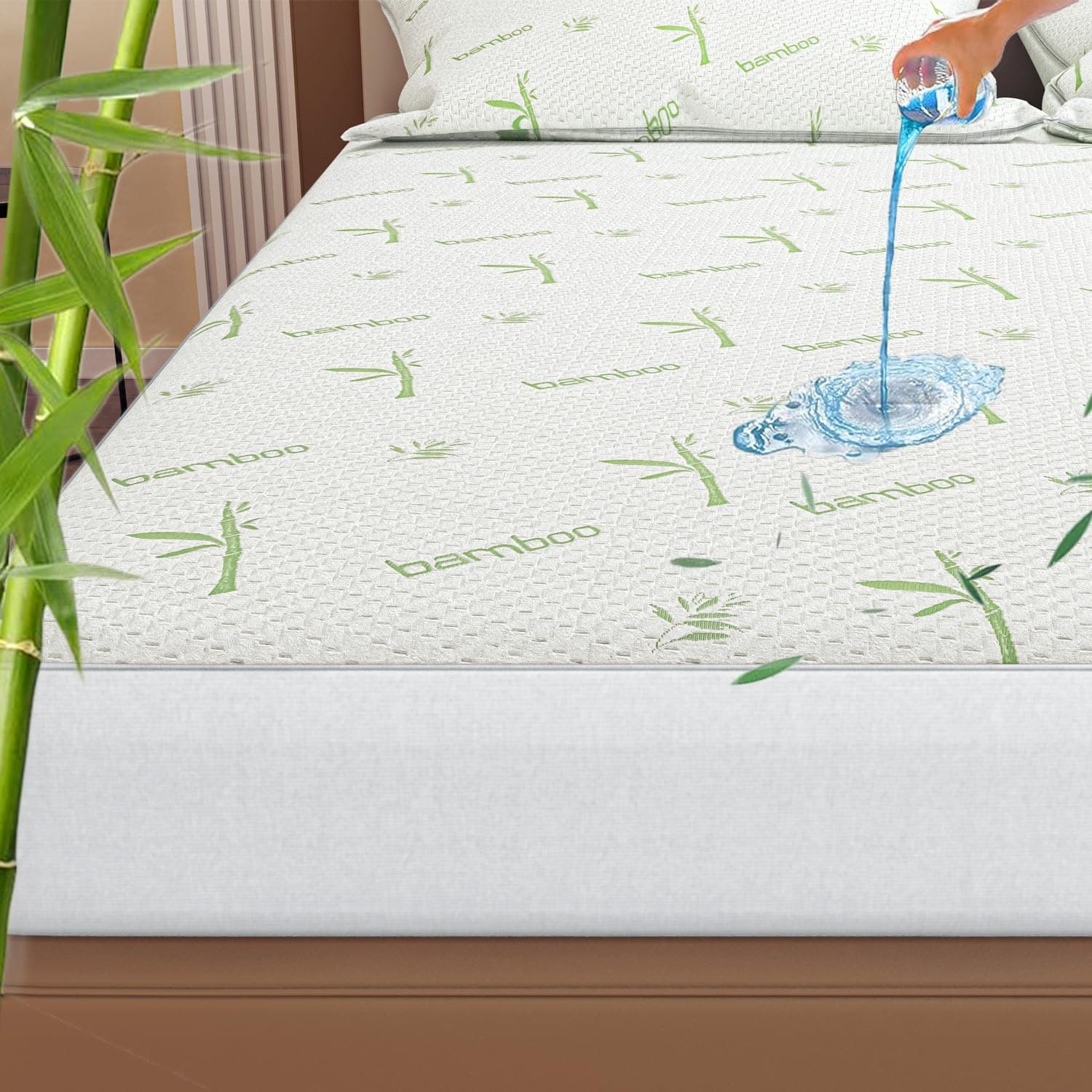Ayka 100% Waterproof Natural Bamboo Mattress Protector Queen Size Breathable Hypoallergenic Noiseless Ultra Soft Fitted Bed Protector 60x75 inch Mattress/Bed Cover (Queen (60 * 75"))