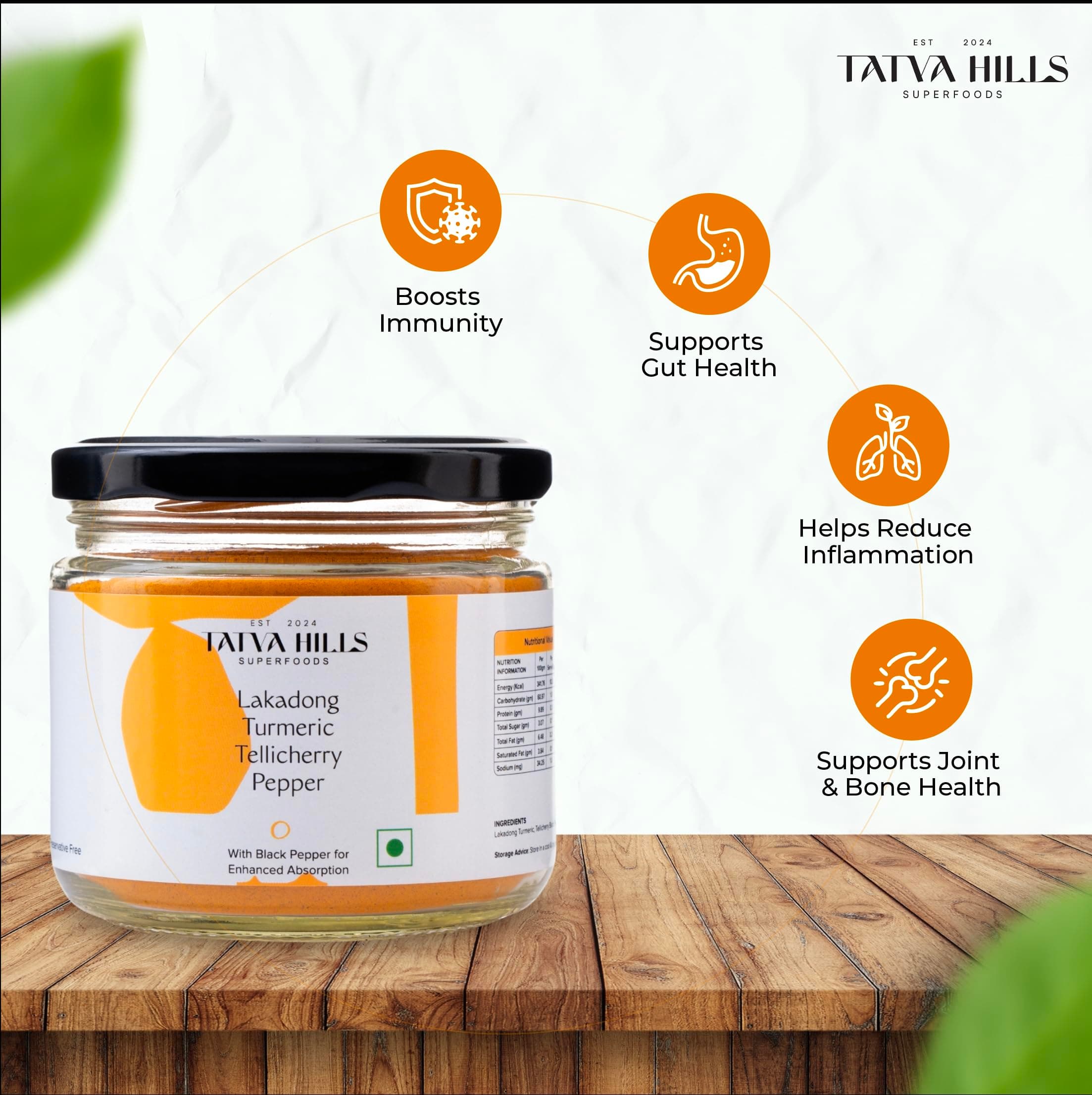 TatvaHills Superfoods Lakadong Turmeric Powder with Tellicherry Black Pepper | High Curcumin Upto 7% | High Absorption Haldi for Immunity, Joint Support & Digestion | No Preservatives | 150g