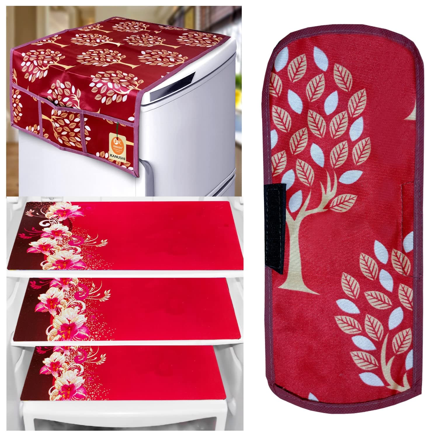 KANUSHI Industries® 1Pc Fridge Cover for Top with 6 Utility Pockets (Maroon Color) + 1 Handles Covers + 3 Fridge Mats(FRI-MAROON-TREE-COMBO-M-23)