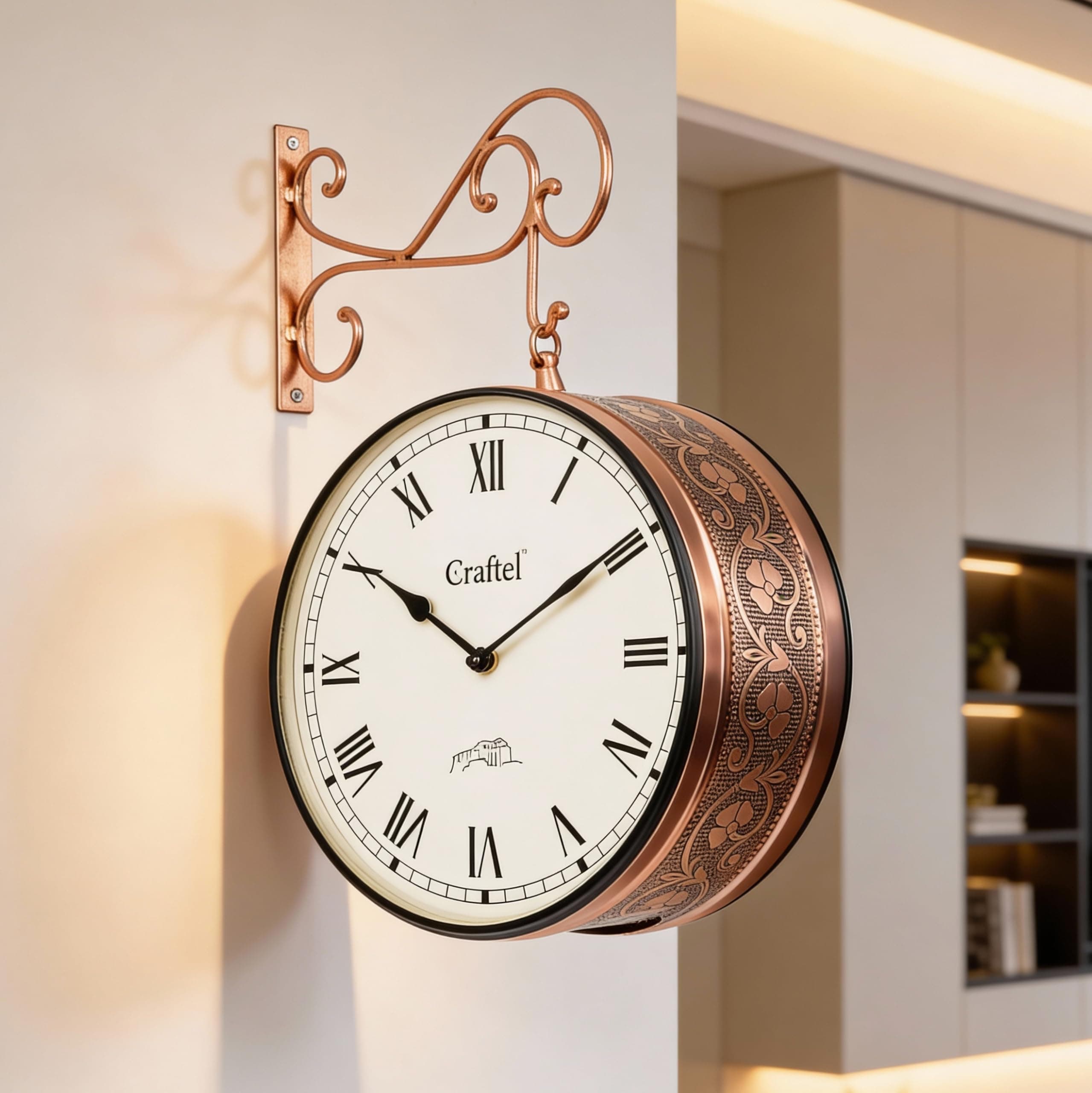 CRAFTEL Double Sided Station Wall Clock Multi-Layer Electroplated | Both Side Roman Numerals | Aluminum Matte-Finish Dial Brass Body | Dial - 12 Inches, Rose Gold | 365 Days Warranty