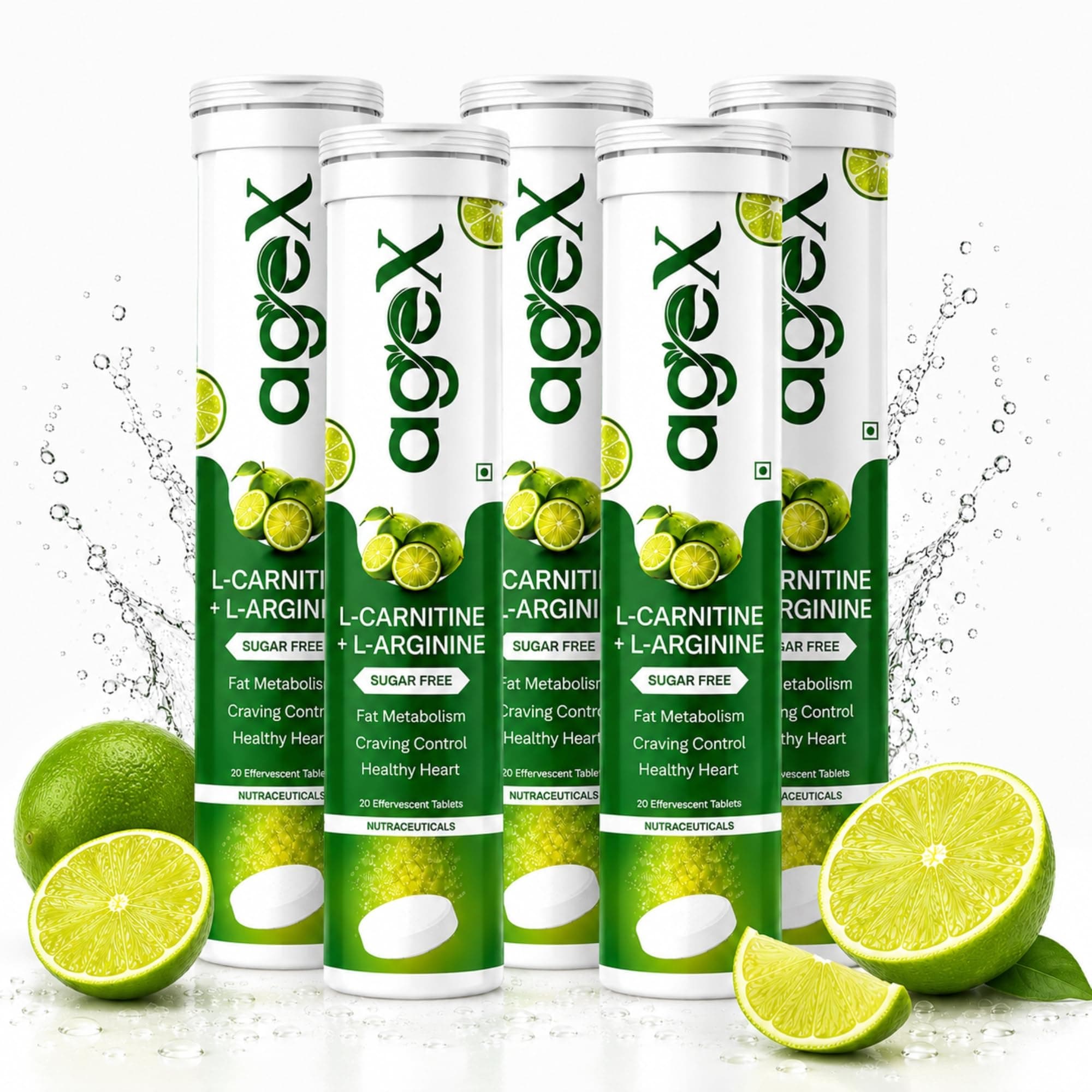 AgeX L-Carnitine 500mg + L-Arginine 3000mg Effervescent Tablets | Pre-Workout, & Energy Booster for Weight Management & Stamina | Sugar Free | Helps Convert Fat into Energy - 100 Effervescent Tablets (Pack of 5), Lemon