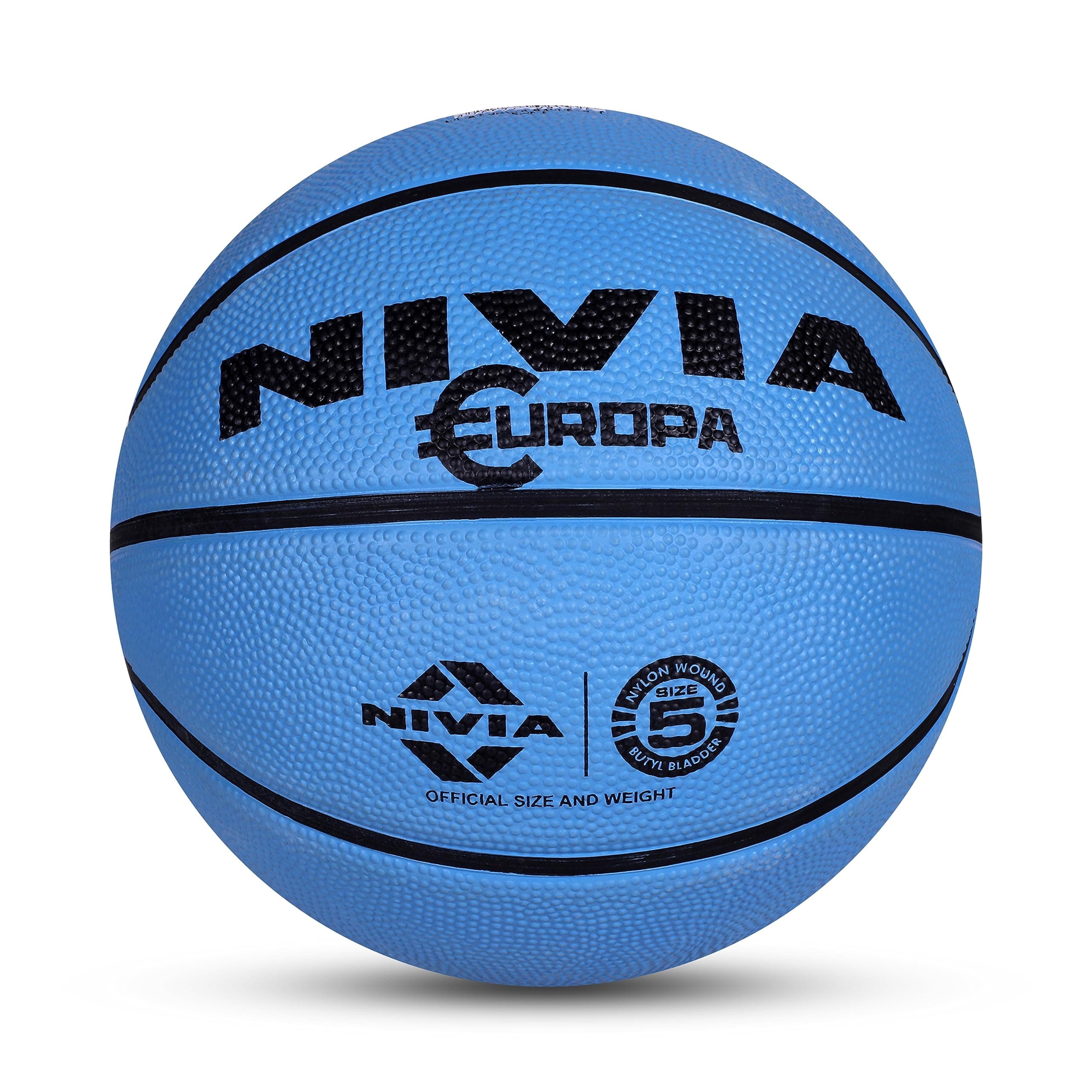 NIVIA Europa Basketball, As per Basic Standard, 8 Panels, Molded Durable Rubber Cover with Pebbled Texture, Butyl Threadwounded Bladder, to Play on All Indoor & Outdoor Surfaces (Size - 5, Assorted)