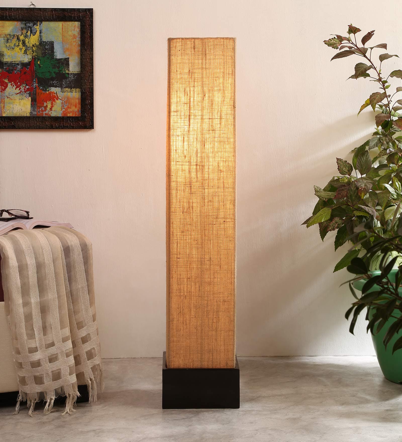 AMDHOME Jute Shade LED Floor Lamp, Standing Modern Round Wood Base (33 Inch, Color - Beige) - for Bedside & Living Room, Bedroom | Home Decor, Hotel, Office Decoration | Perfect for Gifting